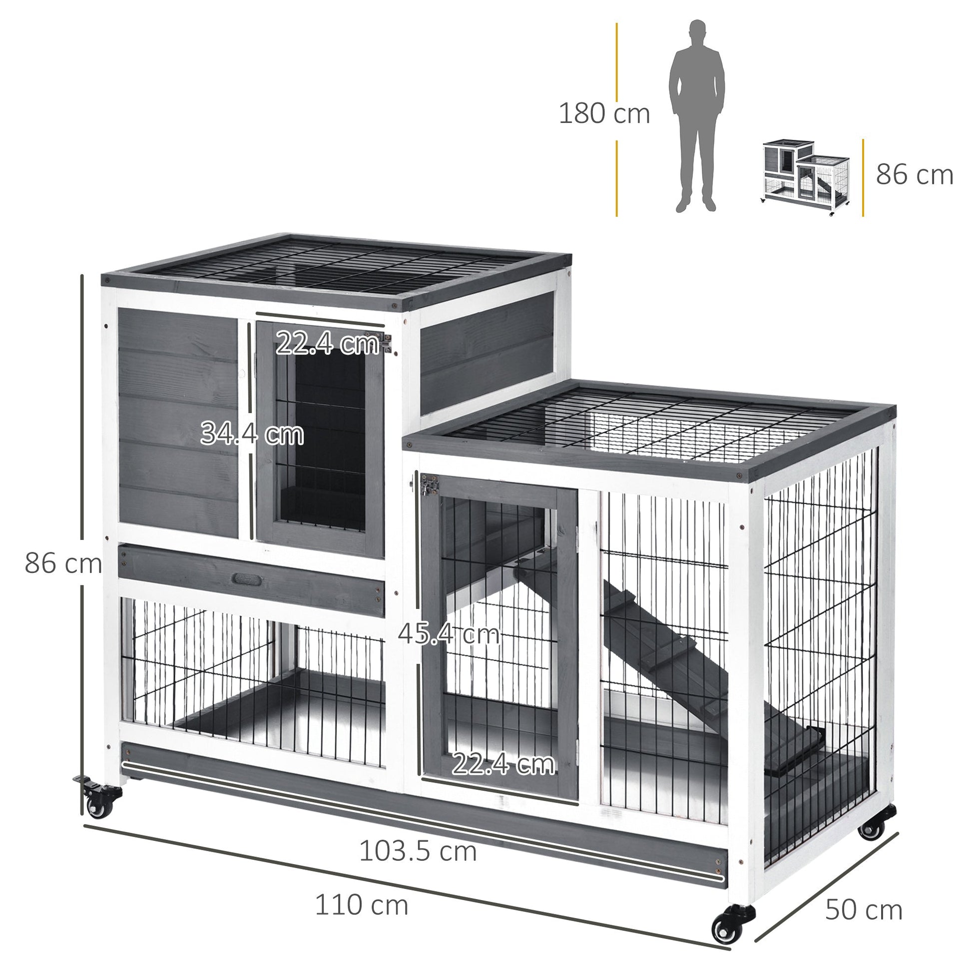 Wooden Indoor Rabbit Hutch Guinea Pig House Bunny Small Animal Cage W/ Wheels Enclosed Run 110 x 50 x 88 cm, Grey