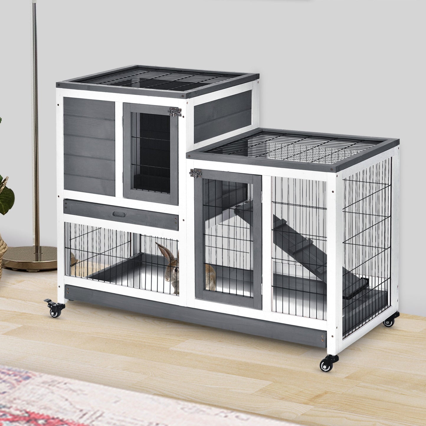 Wooden Indoor Rabbit Hutch Guinea Pig House Bunny Small Animal Cage W/ Wheels Enclosed Run 110 x 50 x 88 cm, Grey