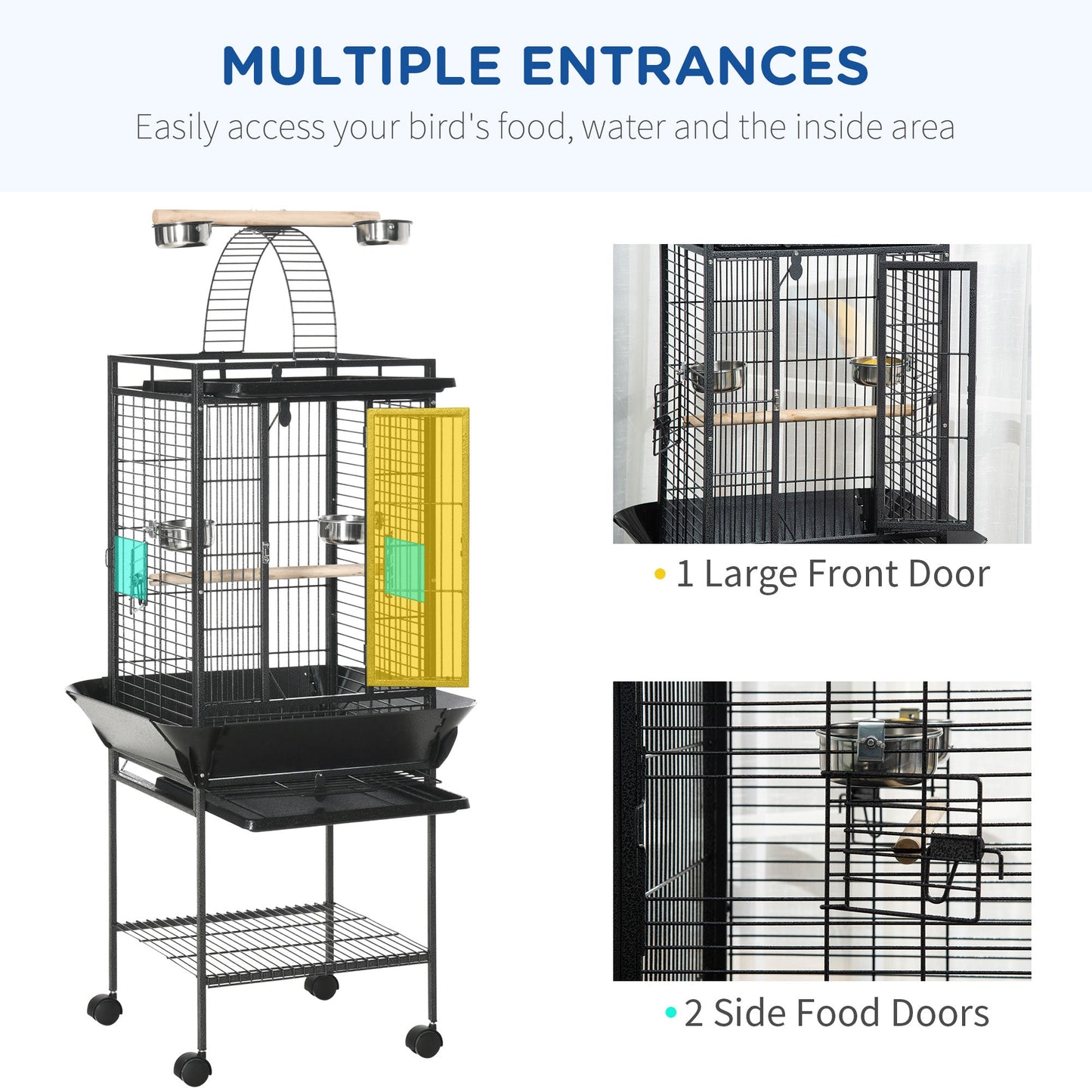 156cm Bird Cage,Large Parrot Cage with Open Play Top, Perch, Seed Guard, Wheels, Storage Shelf for Budgie, Cockatiel, Conure, Lovebird, Dark Grey