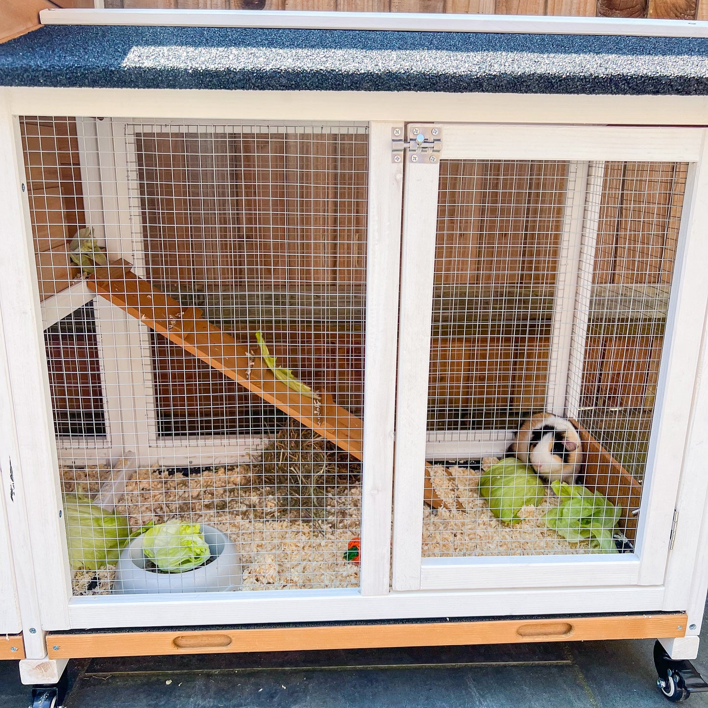 2-Tier Rabbit Hutch Outdoor with Run, Asphalt Roof, Wheels, No-Leak Tray Yellow