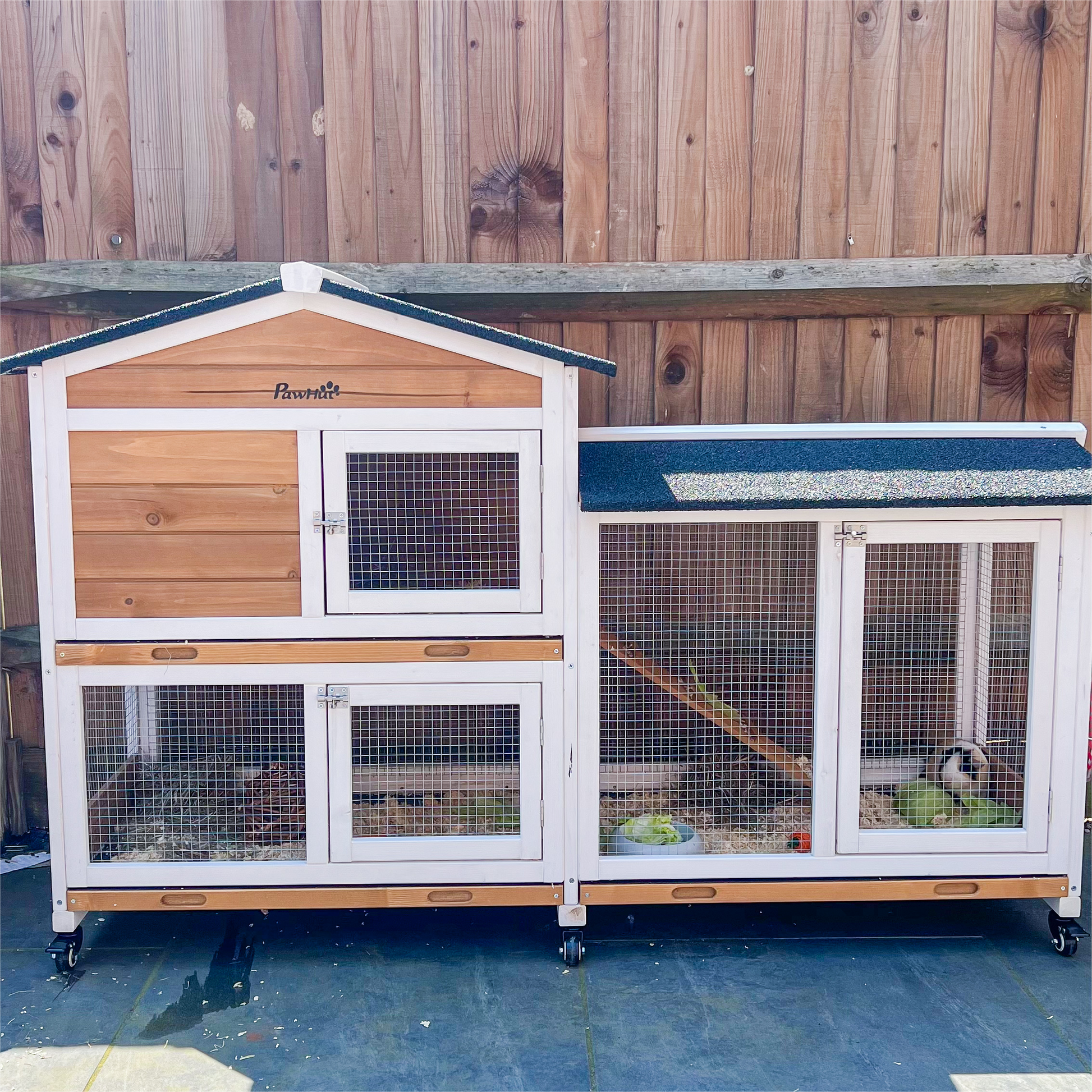 2-Tier Rabbit Hutch Outdoor with Run, Asphalt Roof, Wheels, No-Leak Tray Yellow