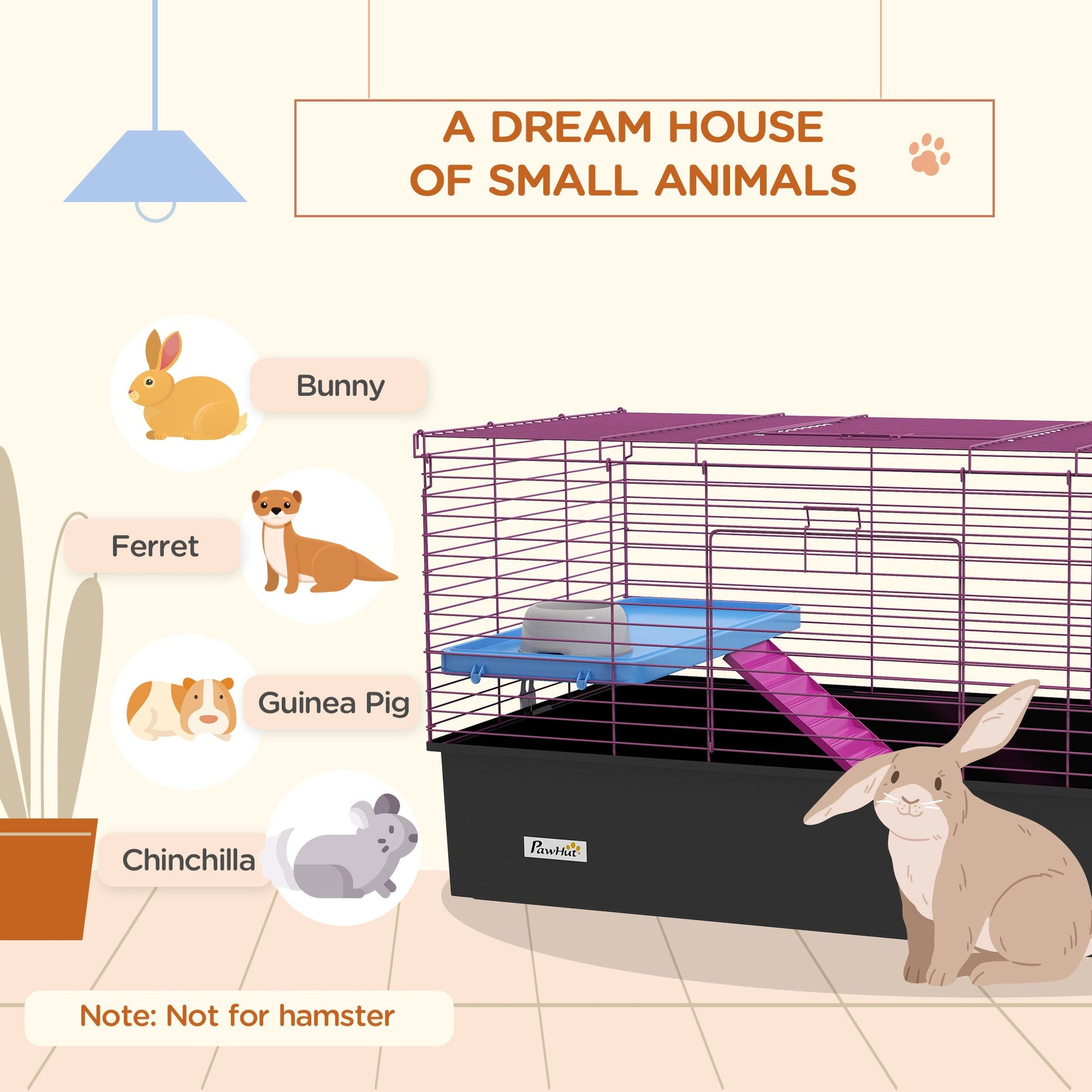 Guinea Pig Cage Chinchillas Rabbit Small Animal Cage with Ramp, Dish, Water Bottle, 99 x 52 x 53cm, Black