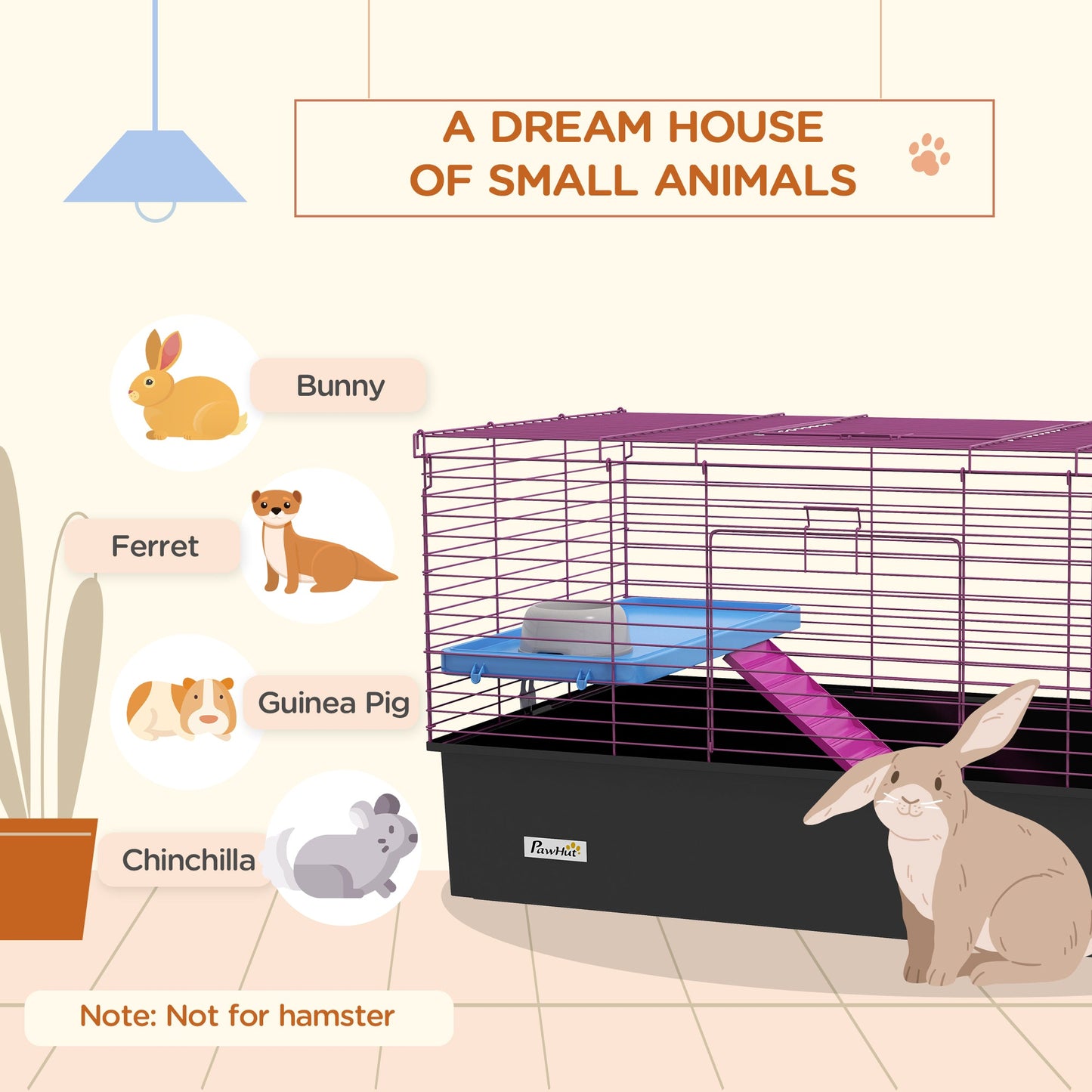 Guinea Pig Cage Chinchillas Rabbit Small Animal Cage with Ramp, Dish, Water Bottle, 99 x 52 x 53cm, Black
