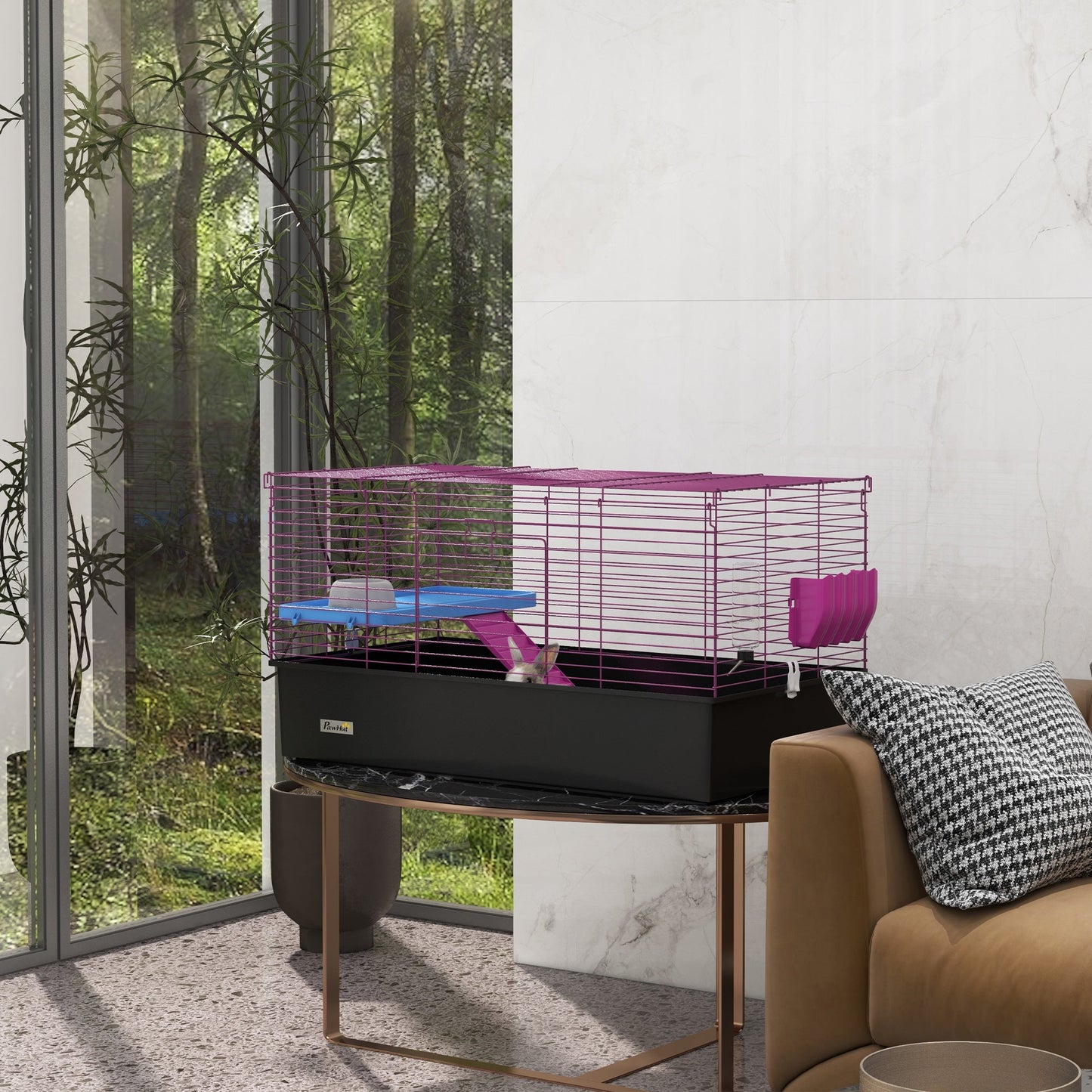 Guinea Pig Cage Chinchillas Rabbit Small Animal Cage with Ramp, Dish, Water Bottle, 99 x 52 x 53cm, Black