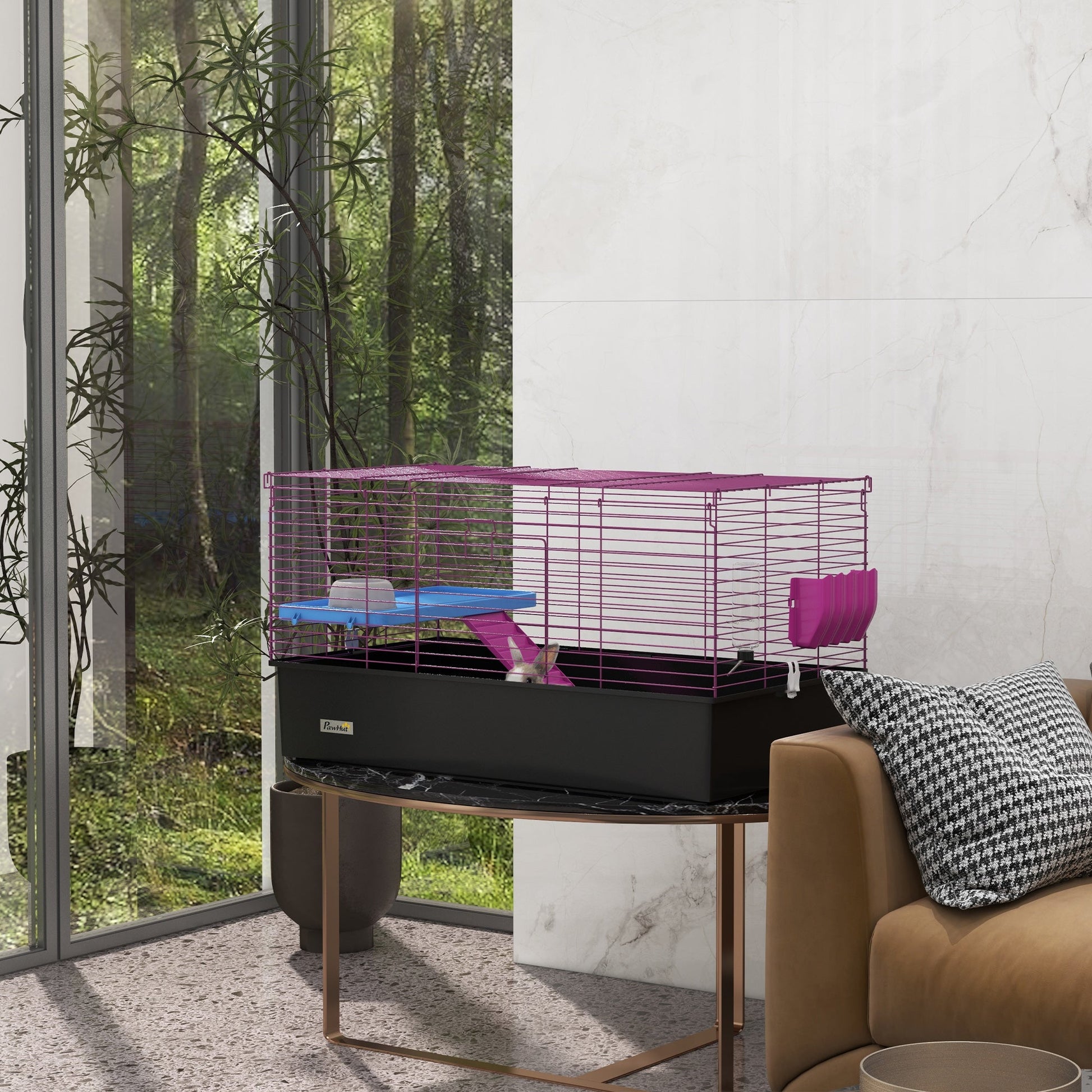 Guinea Pig Cage Chinchillas Rabbit Small Animal Cage with Ramp, Dish, Water Bottle, 99 x 52 x 53cm, Black