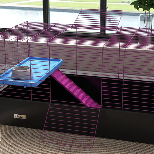 Guinea Pig Cage Chinchillas Rabbit Small Animal Cage with Ramp, Dish, Water Bottle, 99 x 52 x 53cm, Black