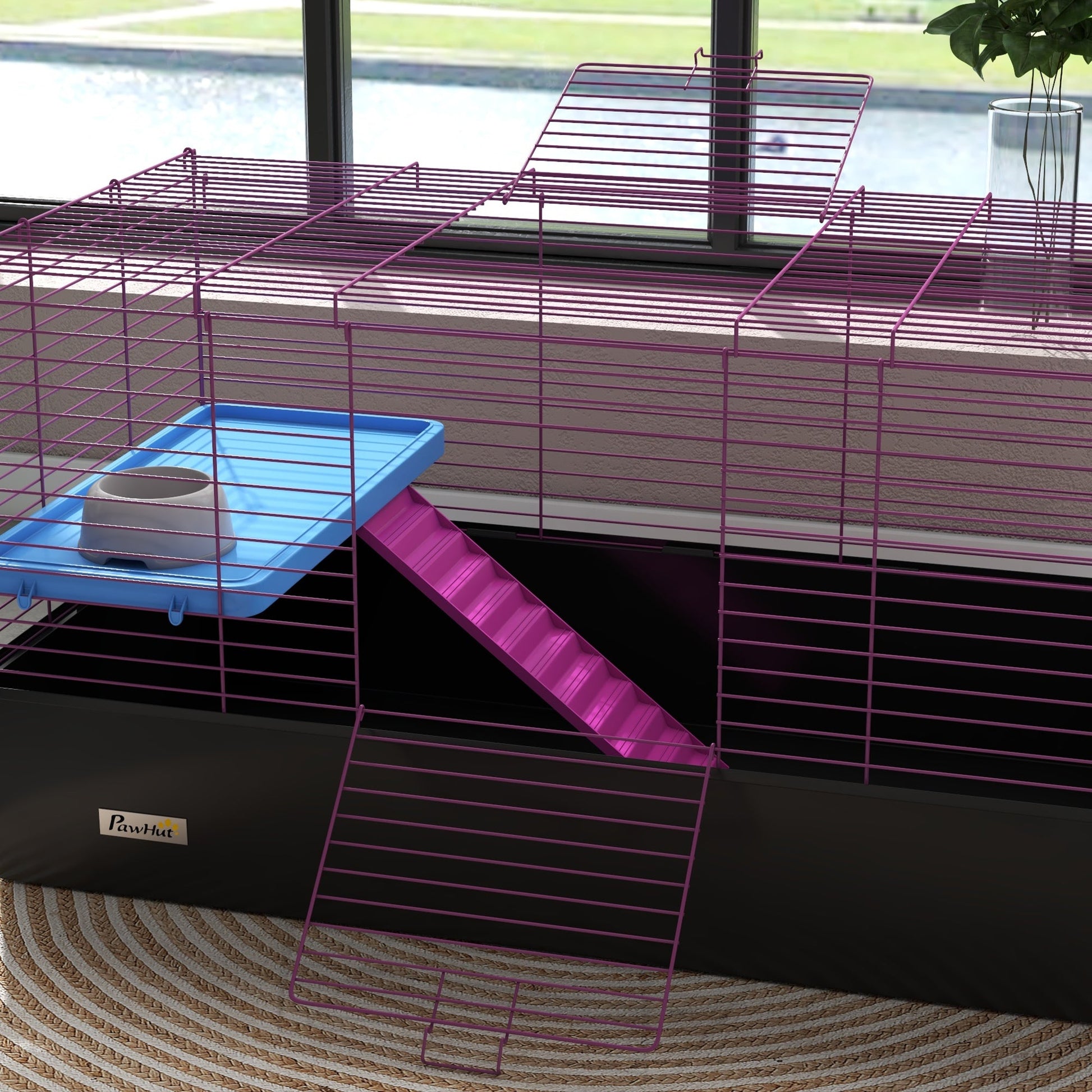 Guinea Pig Cage Chinchillas Rabbit Small Animal Cage with Ramp, Dish, Water Bottle, 99 x 52 x 53cm, Black