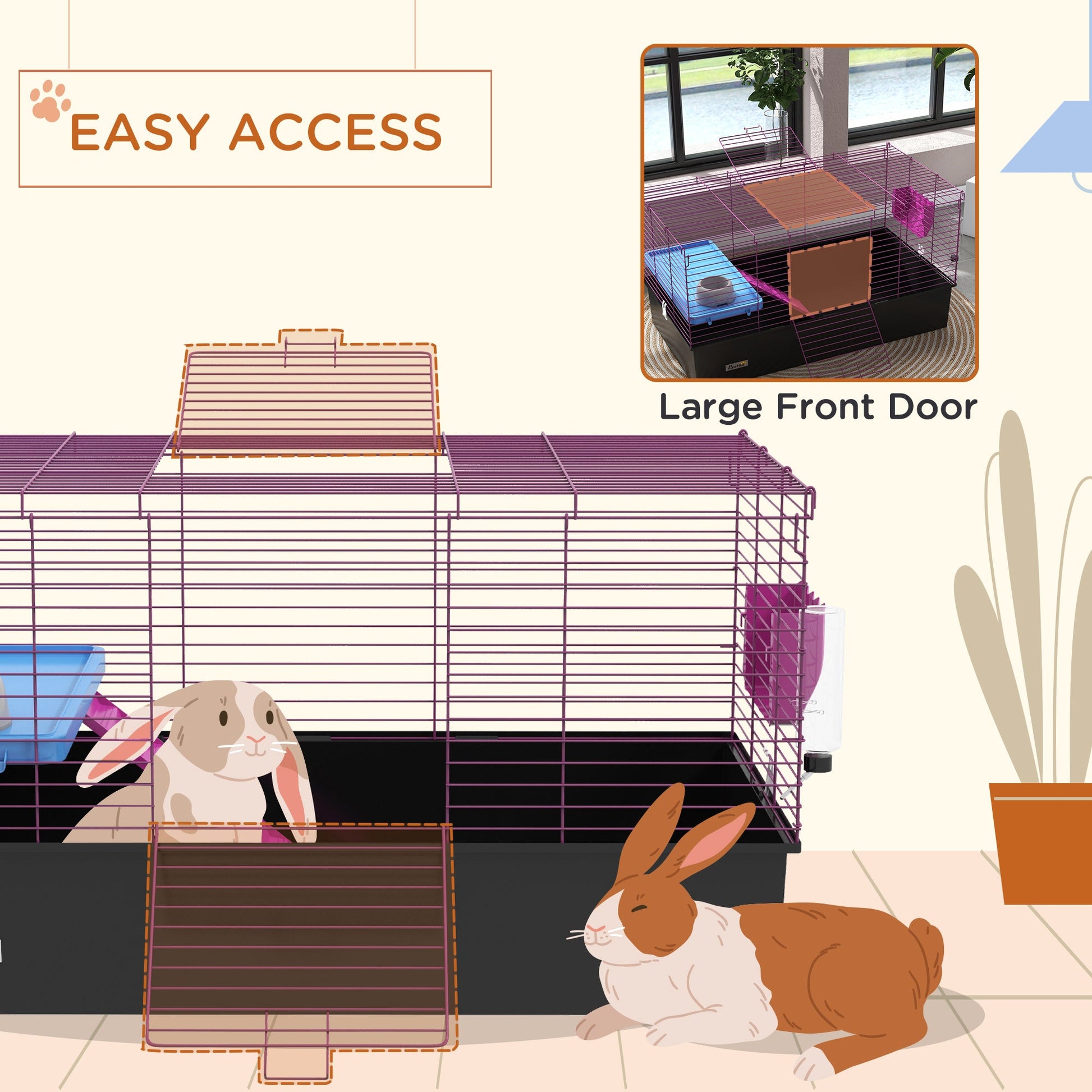 Guinea Pig Cage Chinchillas Rabbit Small Animal Cage with Ramp, Dish, Water Bottle, 99 x 52 x 53cm, Black