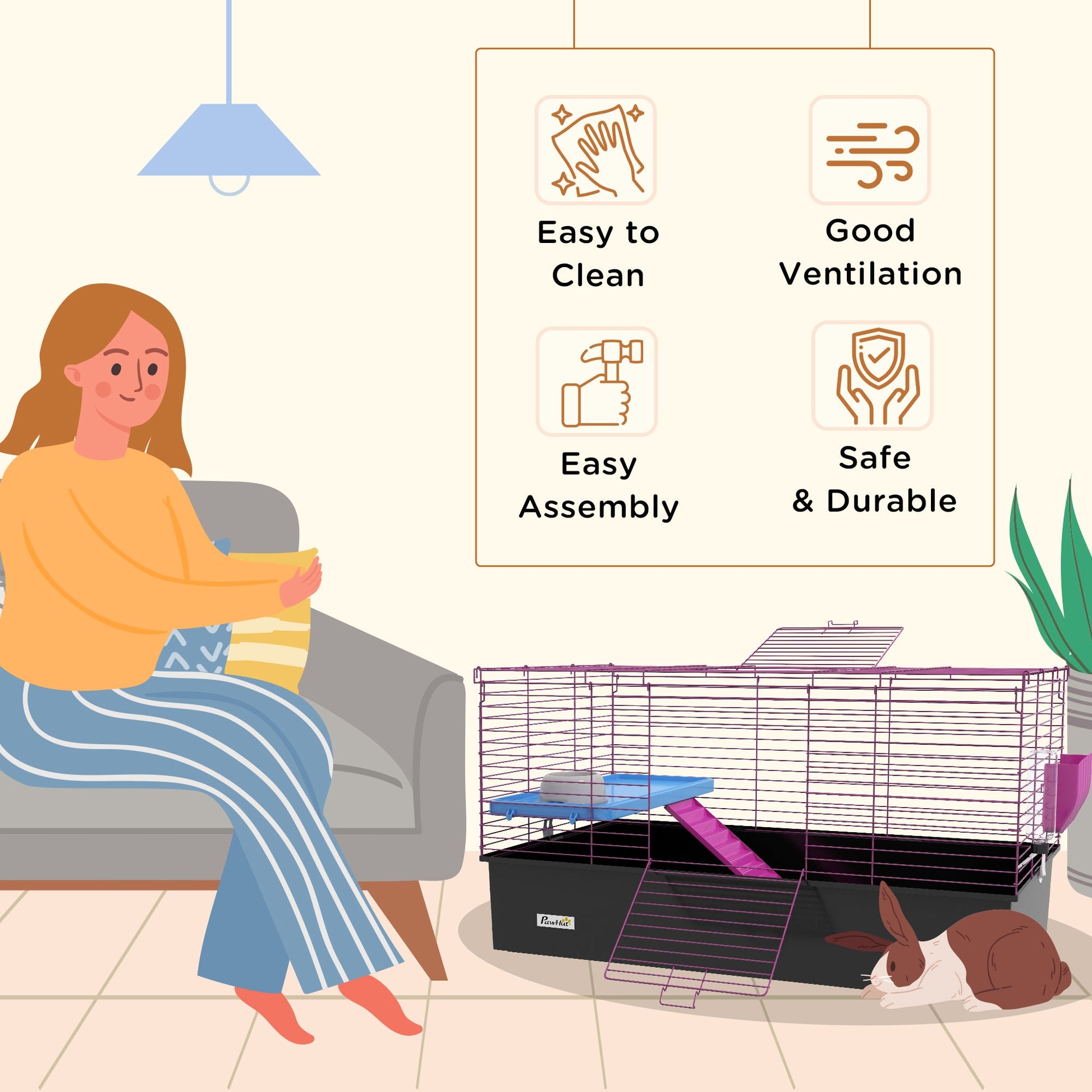 Guinea Pig Cage Chinchillas Rabbit Small Animal Cage with Ramp, Dish, Water Bottle, 99 x 52 x 53cm, Black