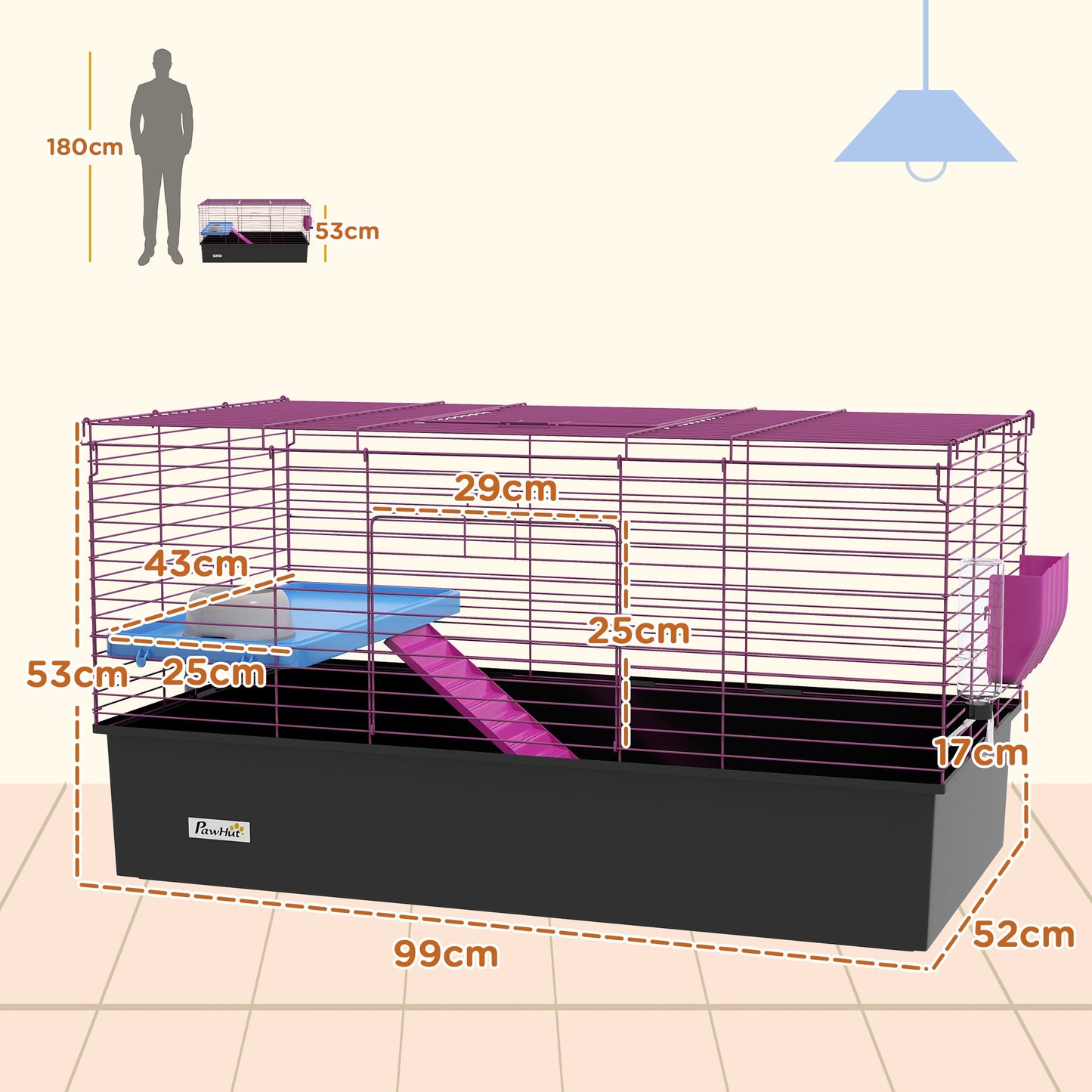 Guinea Pig Cage Chinchillas Rabbit Small Animal Cage with Ramp, Dish, Water Bottle, 99 x 52 x 53cm, Black