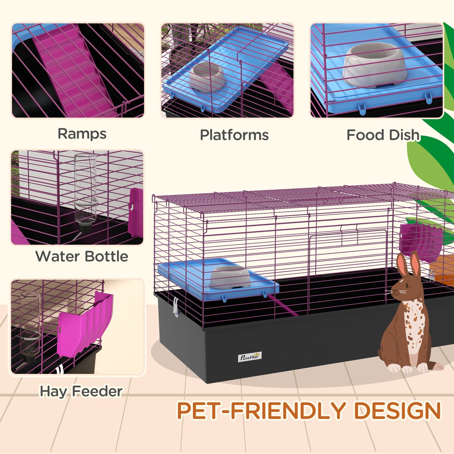 Guinea Pig Cage Chinchillas Rabbit Small Animal Cage with Ramp, Dish, Water Bottle, 99 x 52 x 53cm, Black