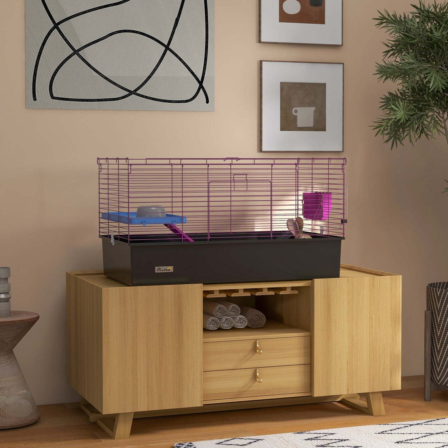 Guinea Pig Cage Chinchillas Rabbit Small Animal Cage with Ramp, Dish, Water Bottle, 99 x 52 x 53cm, Black
