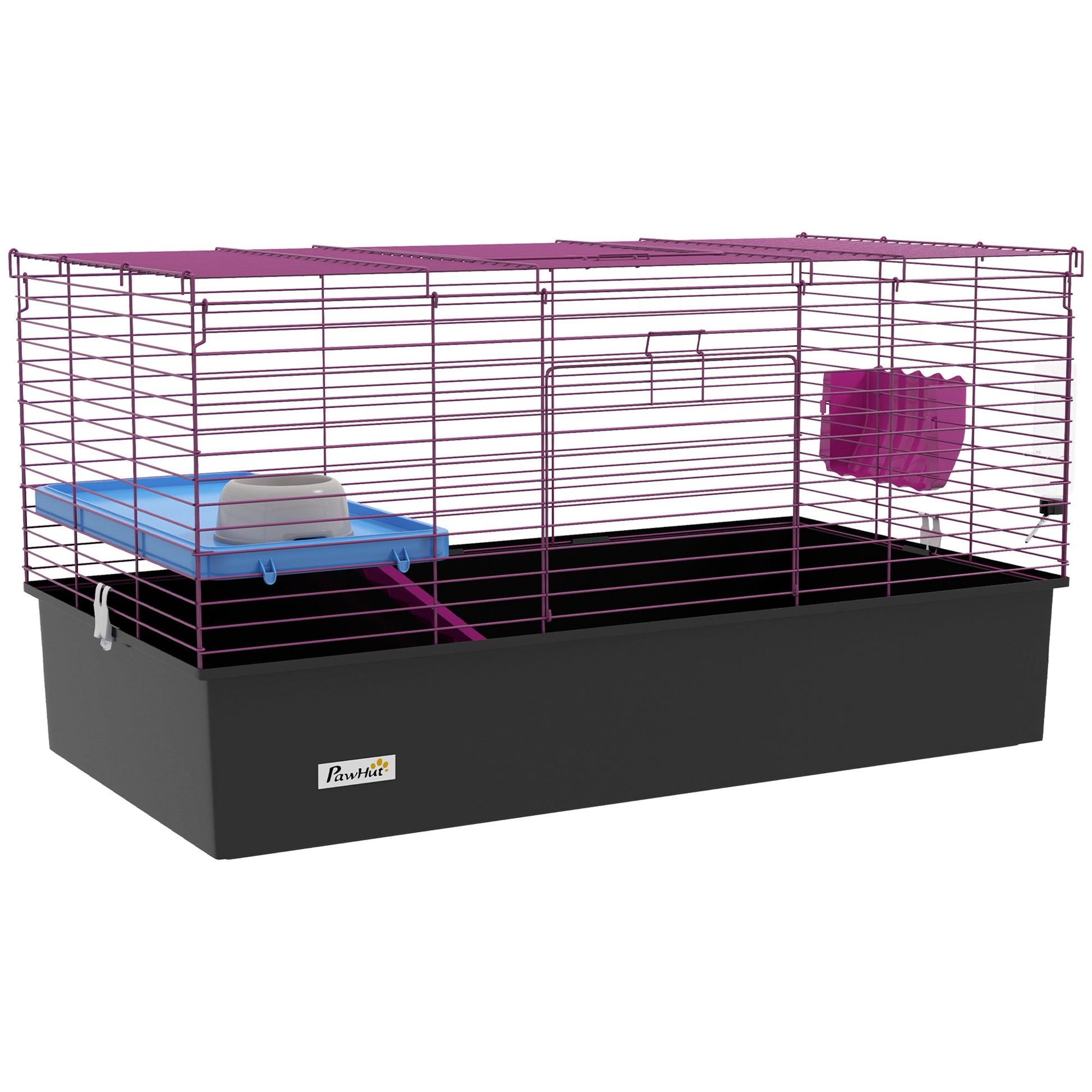 Guinea Pig Cage Chinchillas Rabbit Small Animal Cage with Ramp, Dish, Water Bottle, 99 x 52 x 53cm, Black