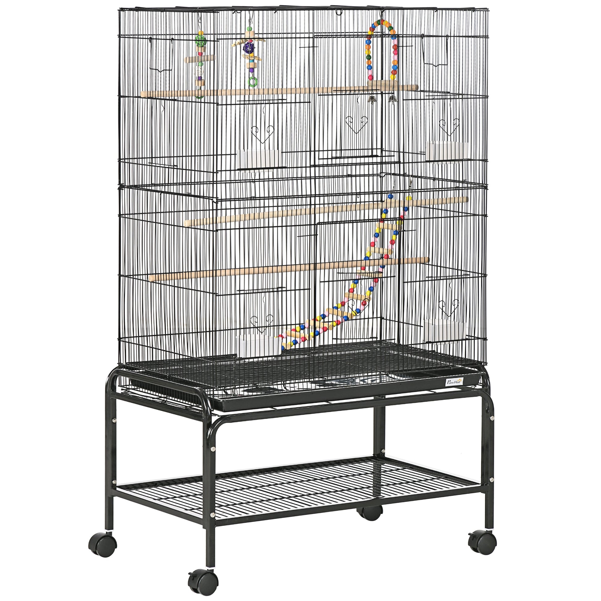 Large Bird Cage Budgie Cage with Stand, Toys, Wheels, Accessories, Storage Shelf for Canaries, Finches, Lovebirds, Parakeets - Black, 79 x 49 x 133 cm