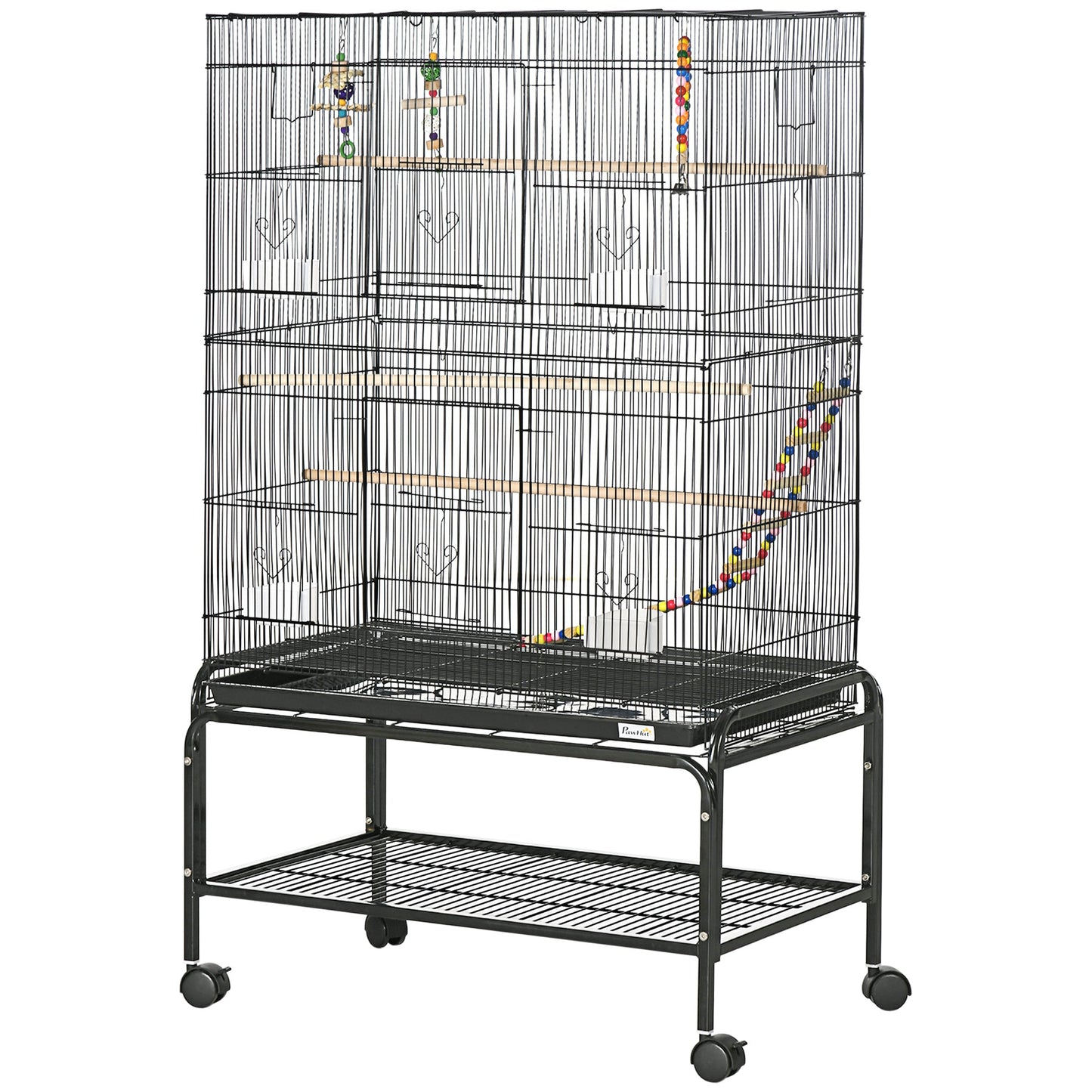 Large Bird Cage Budgie Cage with Stand, Toys, Wheels, Accessories, Storage Shelf for Canaries, Finches, Lovebirds, Parakeets - Black, 79 x 49 x 133 cm