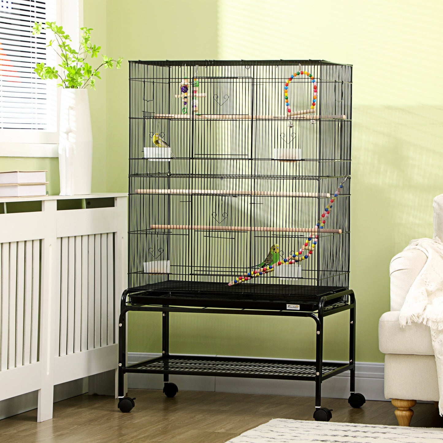Large Bird Cage Budgie Cage with Stand, Toys, Wheels, Accessories, Storage Shelf for Canaries, Finches, Lovebirds, Parakeets - Black, 79 x 49 x 133 cm