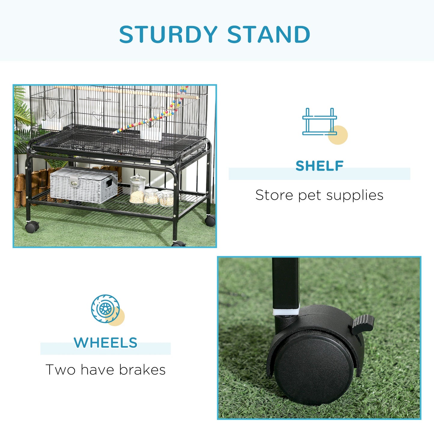 Large Bird Cage Budgie Cage with Stand, Toys, Wheels, Accessories, Storage Shelf for Canaries, Finches, Lovebirds, Parakeets - Black, 79 x 49 x 133 cm