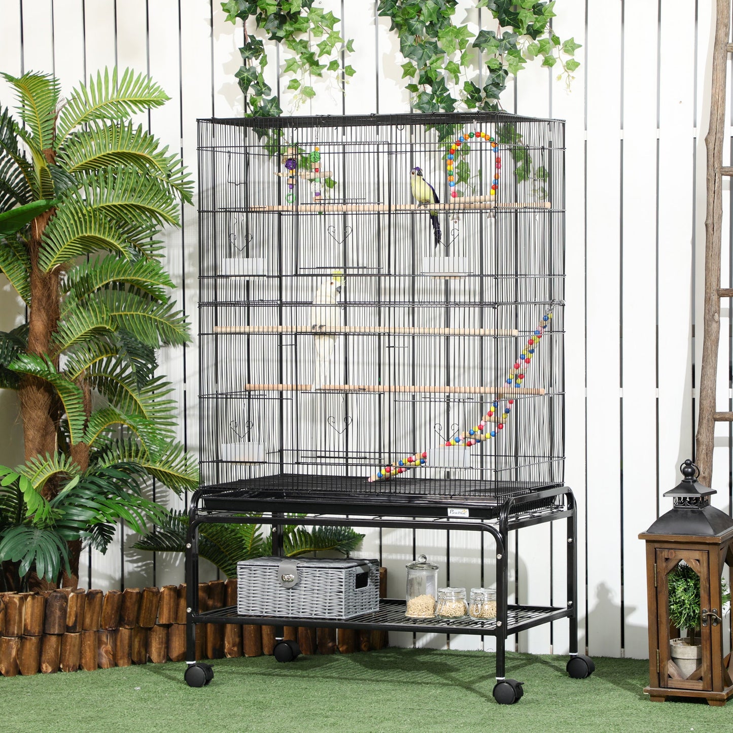 Large Bird Cage Budgie Cage with Stand, Toys, Wheels, Accessories, Storage Shelf for Canaries, Finches, Lovebirds, Parakeets - Black, 79 x 49 x 133 cm
