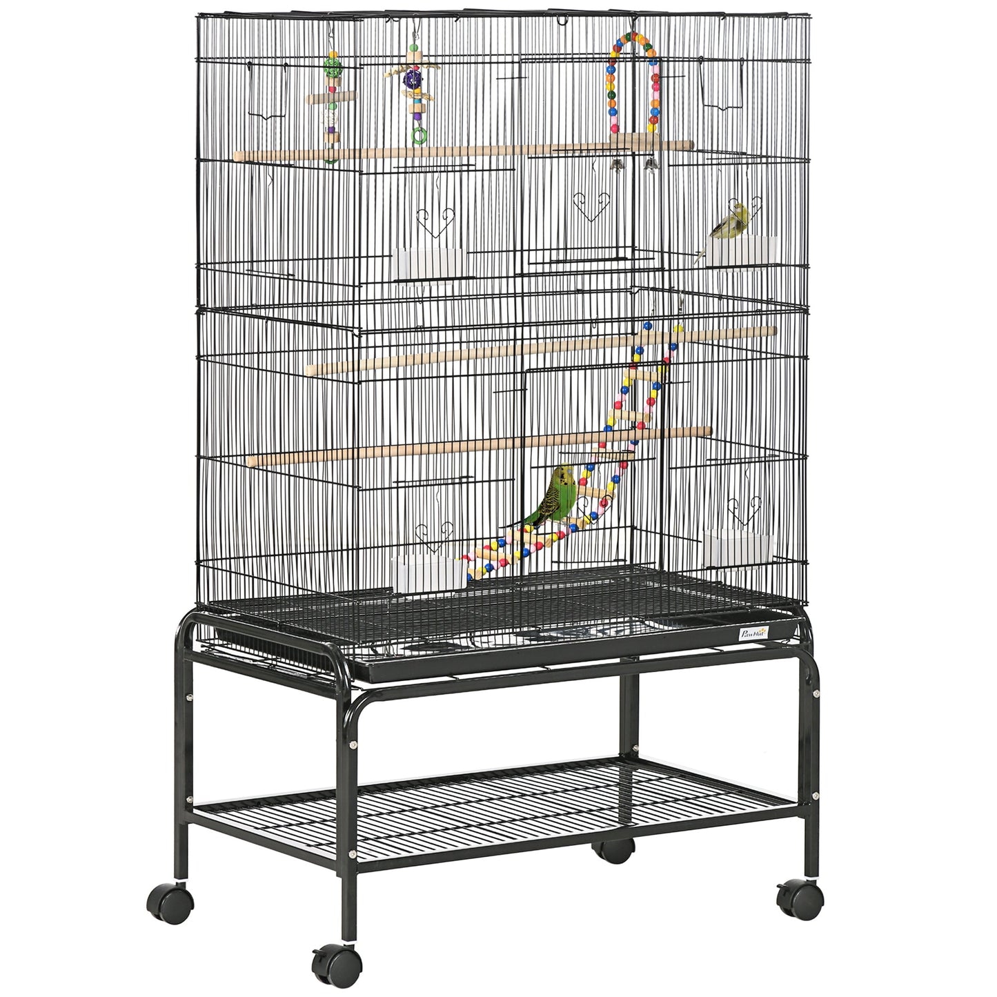 Large Bird Cage Budgie Cage with Stand, Toys, Wheels, Accessories, Storage Shelf for Canaries, Finches, Lovebirds, Parakeets - Black, 79 x 49 x 133 cm