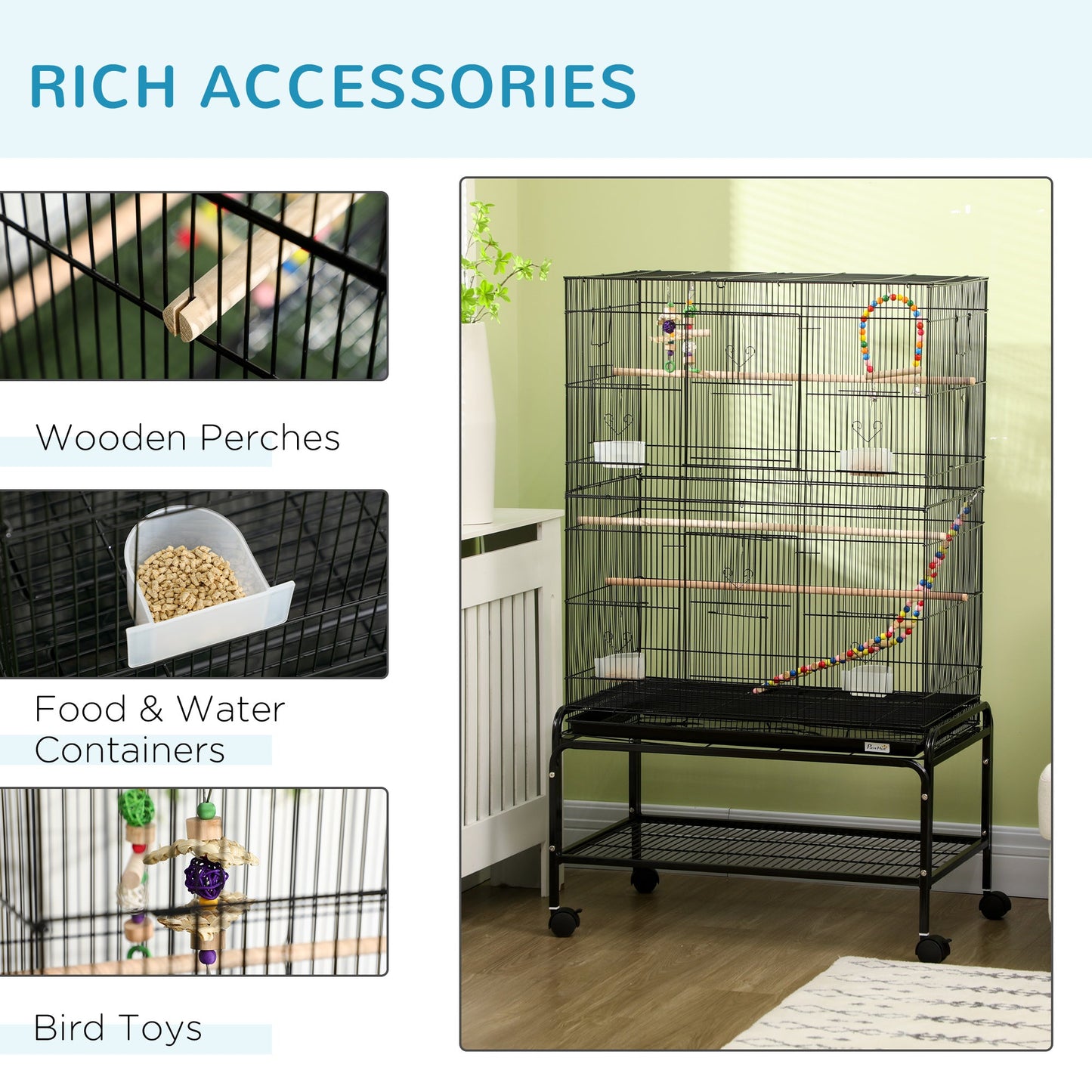 Large Bird Cage Budgie Cage with Stand, Toys, Wheels, Accessories, Storage Shelf for Canaries, Finches, Lovebirds, Parakeets - Black, 79 x 49 x 133 cm