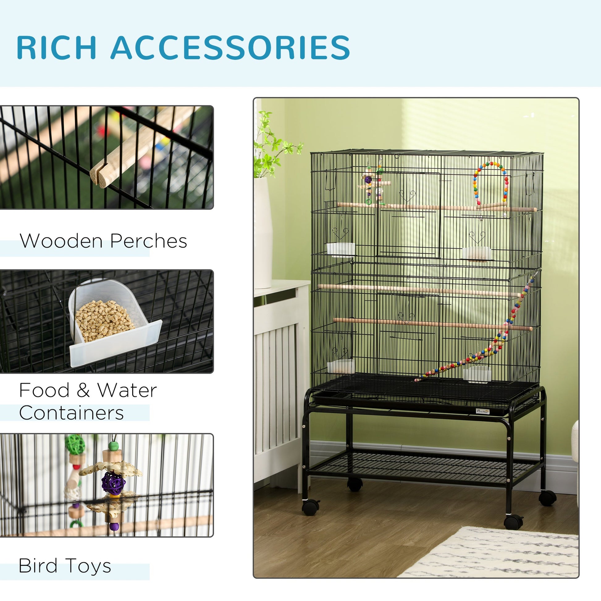 Large Bird Cage Budgie Cage with Stand, Toys, Wheels, Accessories, Storage Shelf for Canaries, Finches, Lovebirds, Parakeets - Black, 79 x 49 x 133 cm