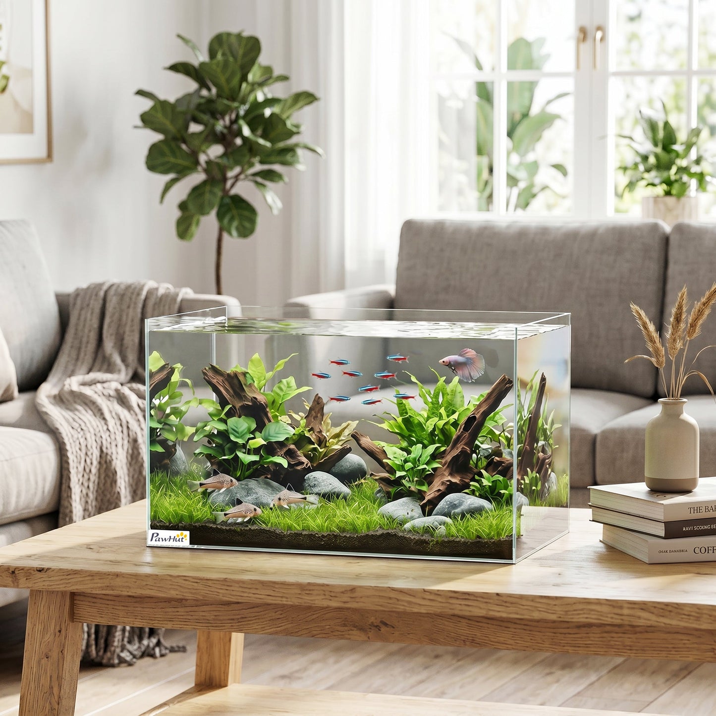 43L Fish Tank, Glass Aquarium, Small Fish Tank with Protective Base Mat, for Shrimps, Turtles, Transparent, 50 x 30 x 30 cm