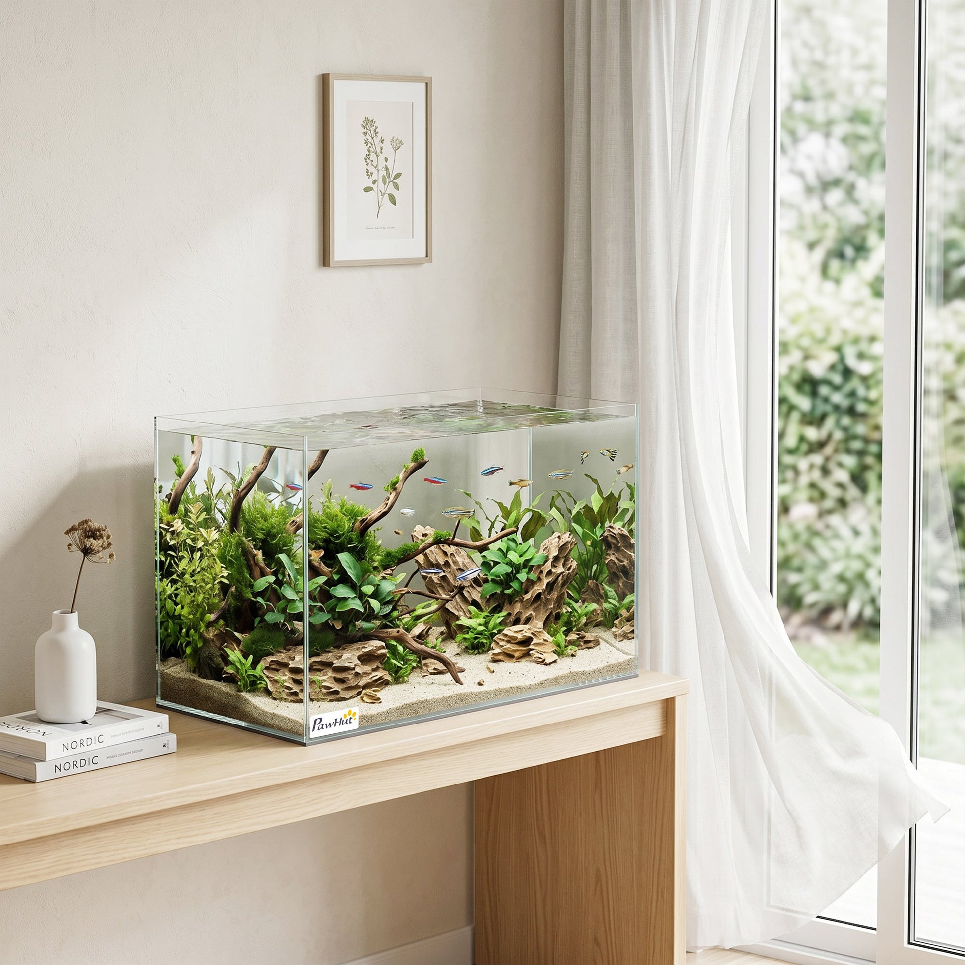 43L Fish Tank, Glass Aquarium, Small Fish Tank with Protective Base Mat, for Shrimps, Turtles, Transparent, 50 x 30 x 30 cm