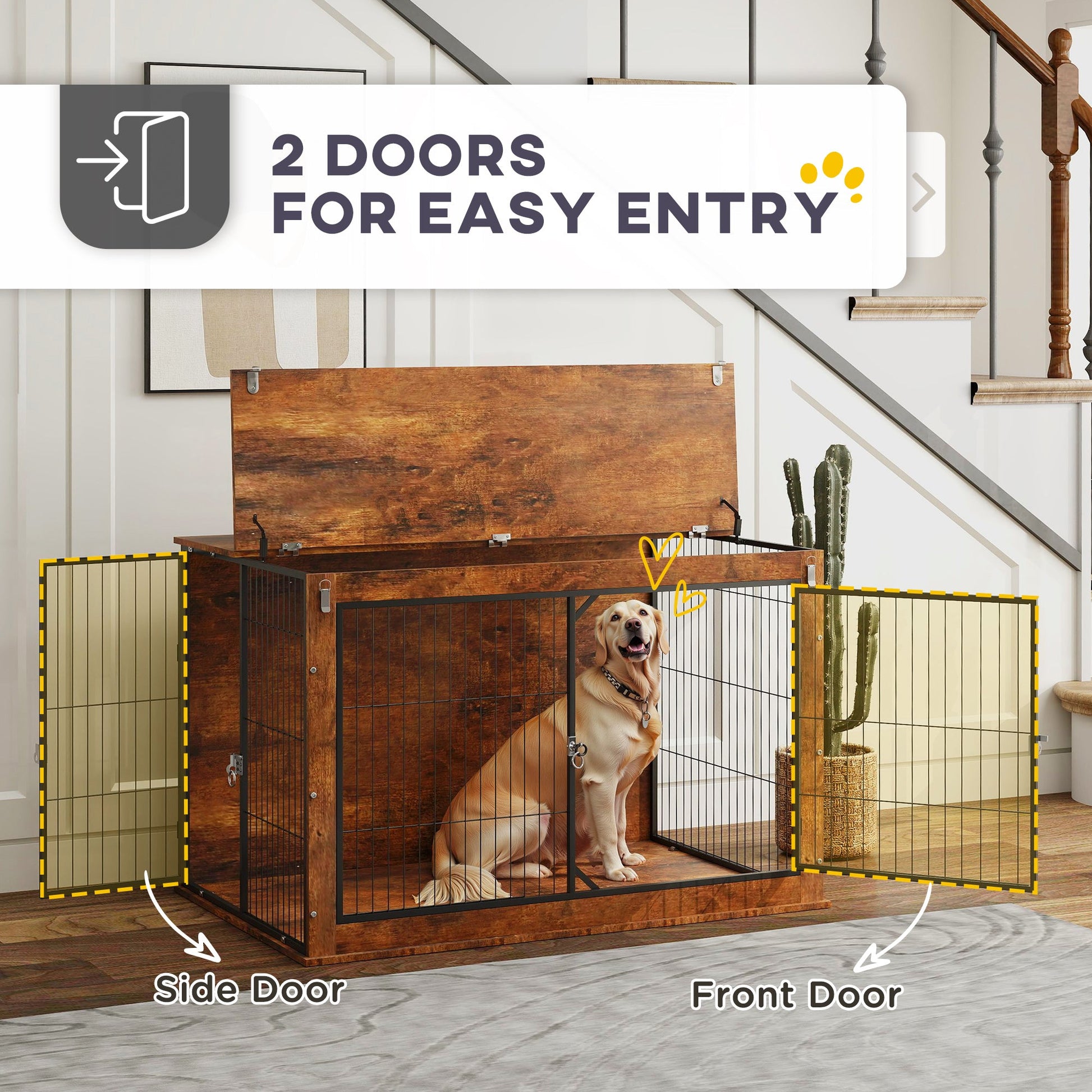 Dog Crate Furniture, Dog Cage End Table with Openable Top, Two Lockable Doors, for Extra Large Pets, 118 x 75 x 77cm, Rustic Brown