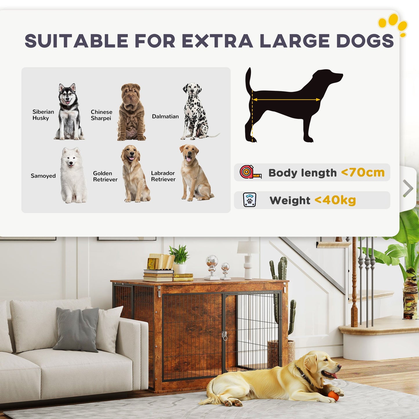 Dog Crate Furniture, Dog Cage End Table with Openable Top, Two Lockable Doors, for Extra Large Pets, 118 x 75 x 77cm, Rustic Brown