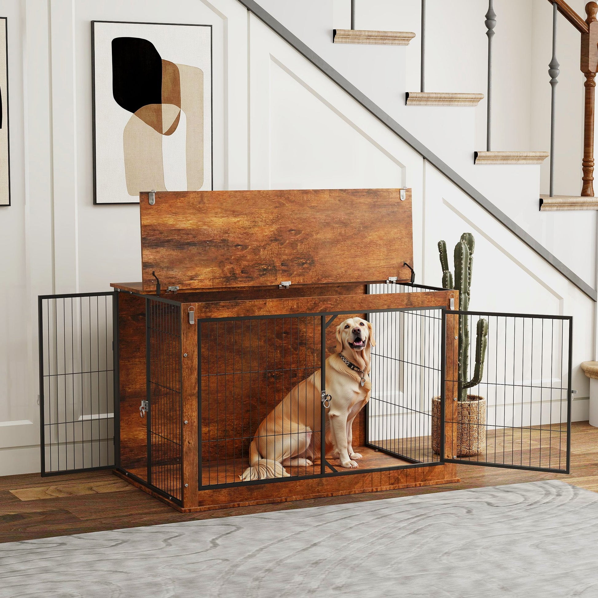 Dog Crate Furniture, Dog Cage End Table with Openable Top, Two Lockable Doors, for Extra Large Pets, 118 x 75 x 77cm, Rustic Brown