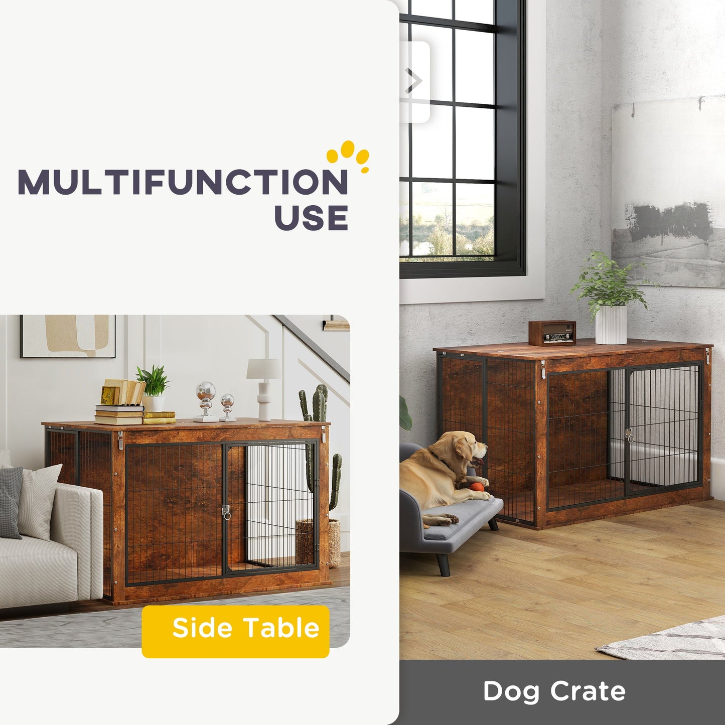 Dog Crate Furniture, Dog Cage End Table with Openable Top, Two Lockable Doors, for Extra Large Pets, 118 x 75 x 77cm, Rustic Brown