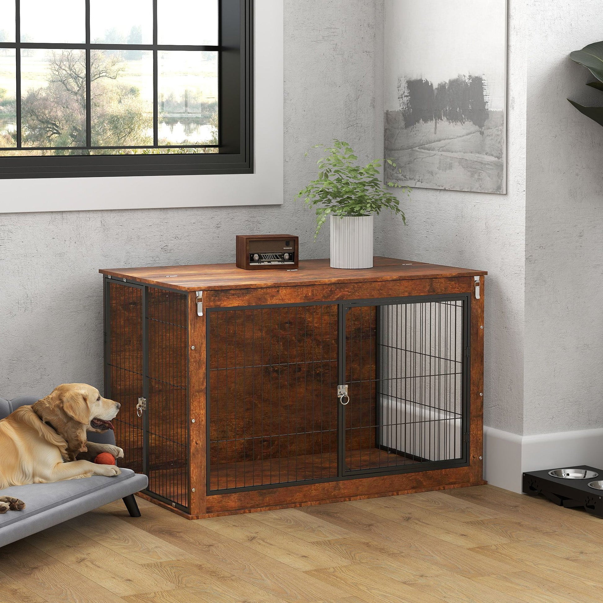 Dog Crate Furniture, Dog Cage End Table with Openable Top, Two Lockable Doors, for Extra Large Pets, 118 x 75 x 77cm, Rustic Brown