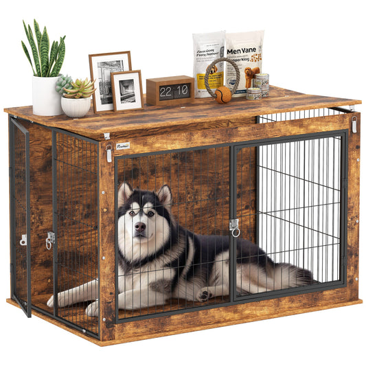 Dog Crate Furniture, Dog Cage End Table with Openable Top, Two Lockable Doors, for Extra Large Pets, 118 x 75 x 77cm, Rustic Brown
