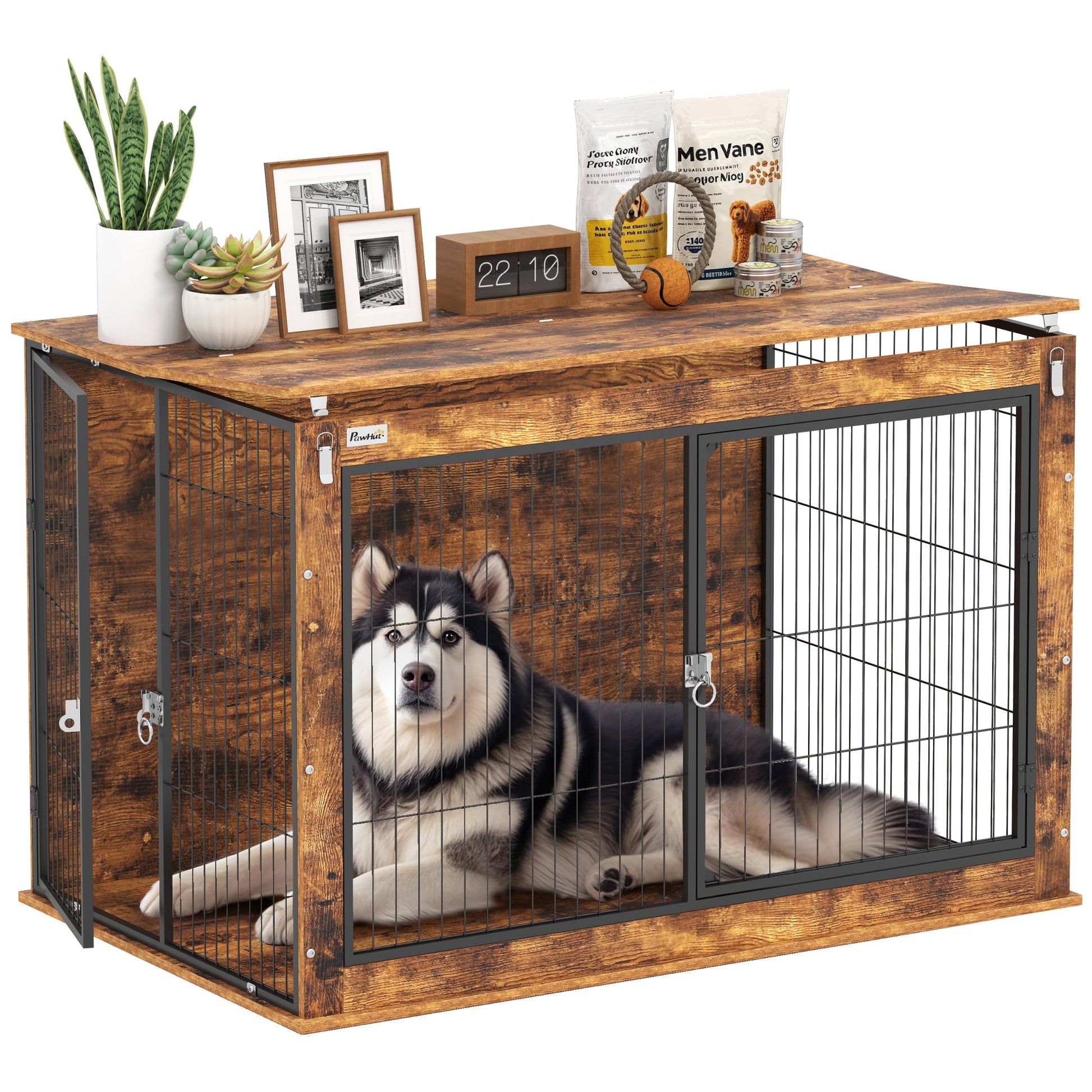 Dog Crate Furniture, Dog Cage End Table with Openable Top, Two Lockable Doors, for Extra Large Pets, 118 x 75 x 77cm, Rustic Brown