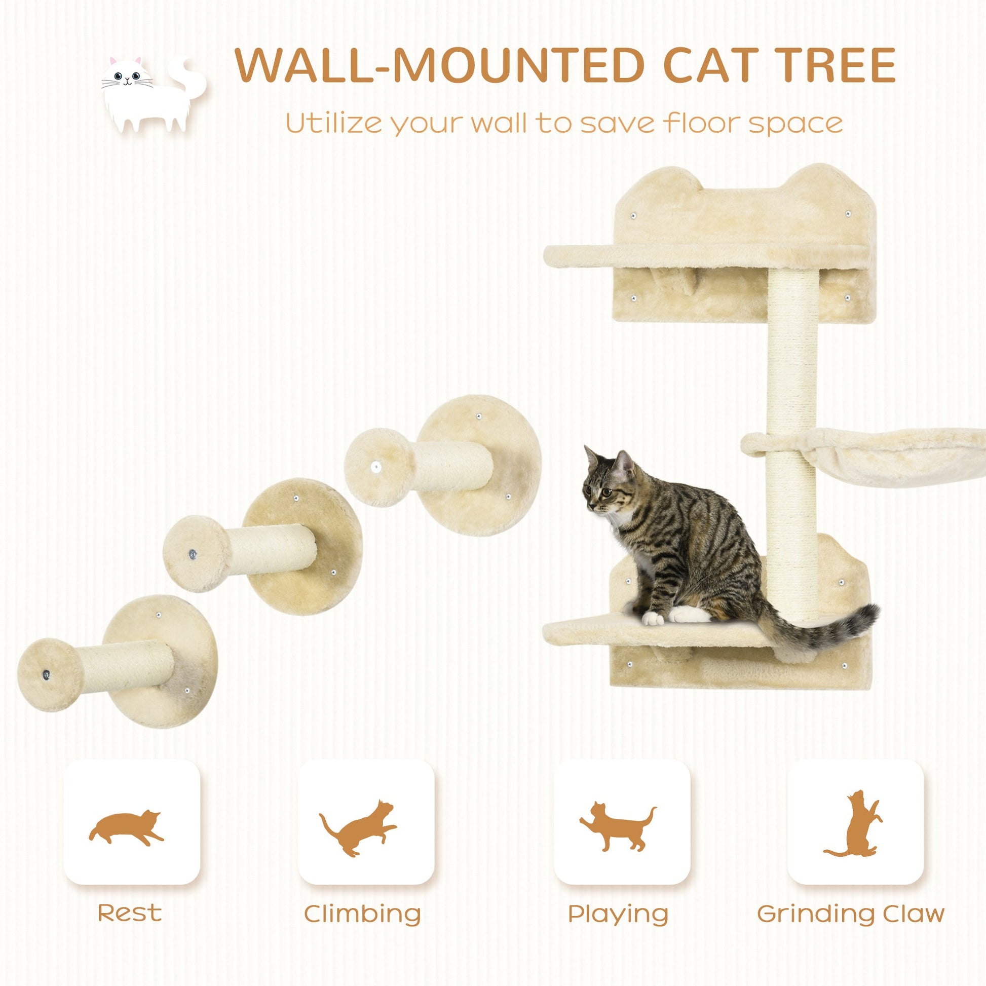 4 Piece Cat Shelves Cat Wall Furniture Wall-Mounted Cat Tree for Indoor Cat w/ Hammock, Steps, Platforms, Scratching Post - Beige