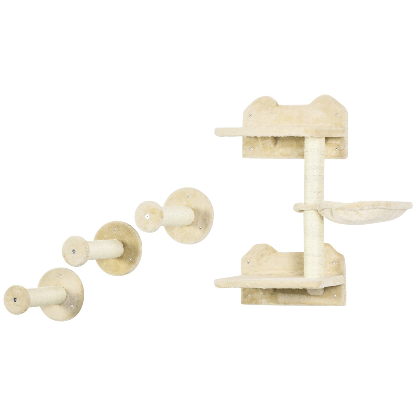 4 Piece Cat Shelves Cat Wall Furniture Wall-Mounted Cat Tree for Indoor Cat w/ Hammock, Steps, Platforms, Scratching Post - Beige