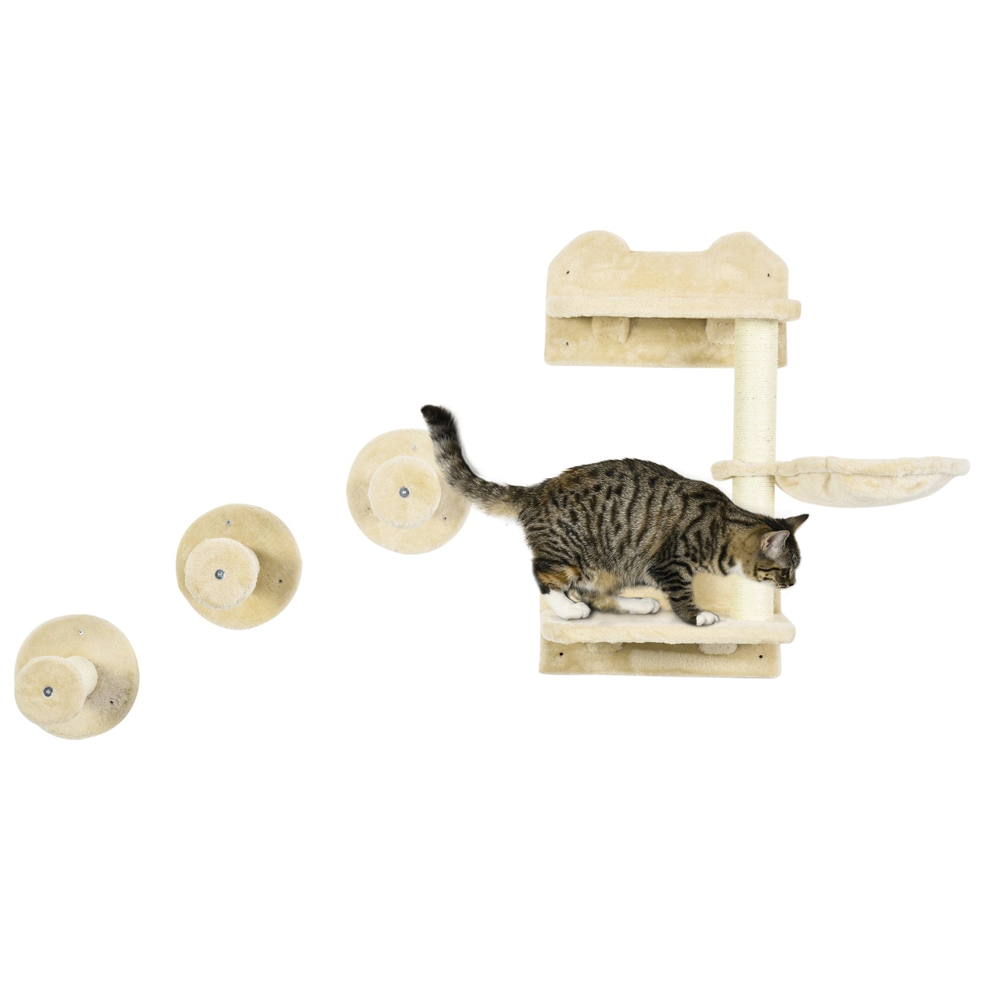 4 Piece Cat Shelves Cat Wall Furniture Wall-Mounted Cat Tree for Indoor Cat w/ Hammock, Steps, Platforms, Scratching Post - Beige