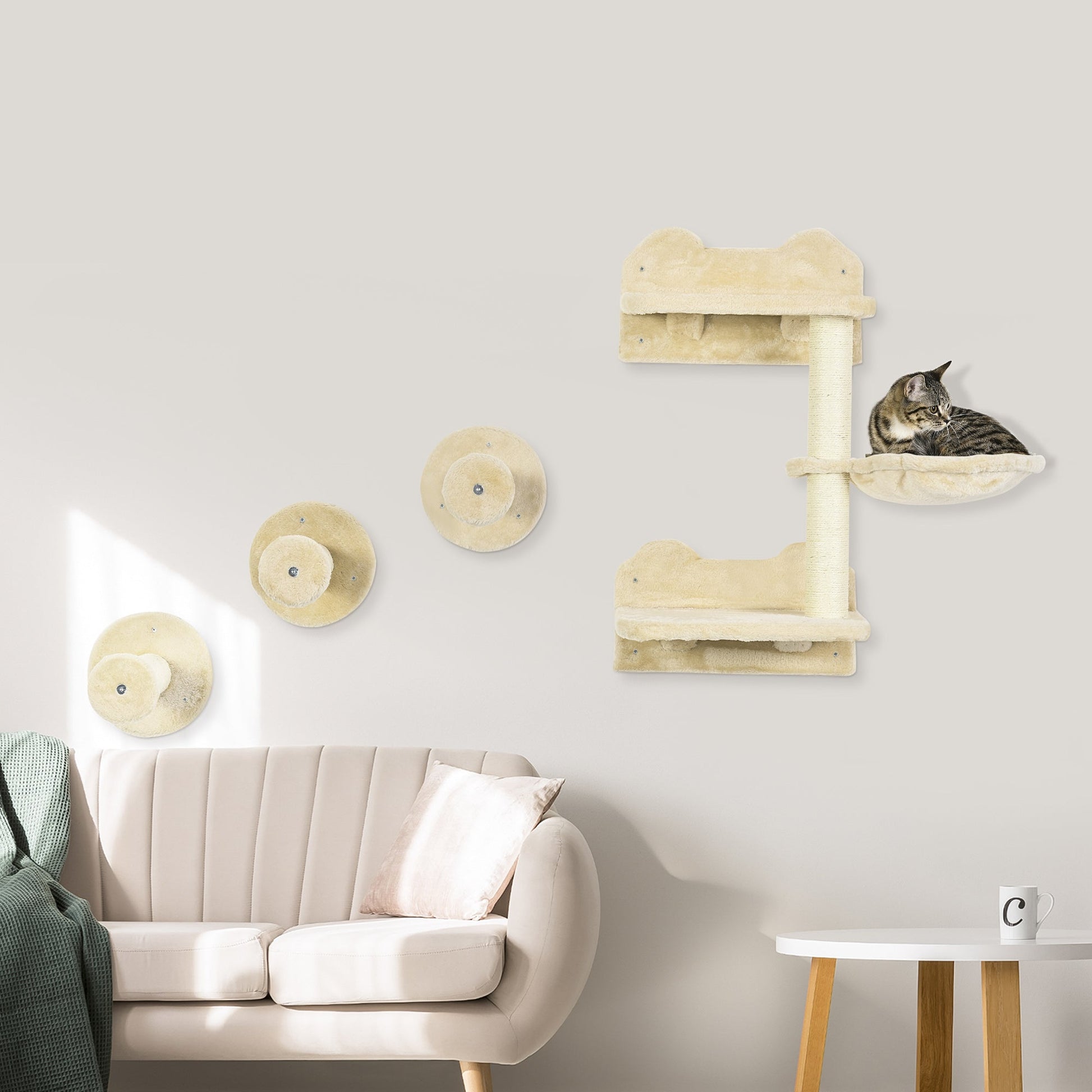 4 Piece Cat Shelves Cat Wall Furniture Wall-Mounted Cat Tree for Indoor Cat w/ Hammock, Steps, Platforms, Scratching Post - Beige