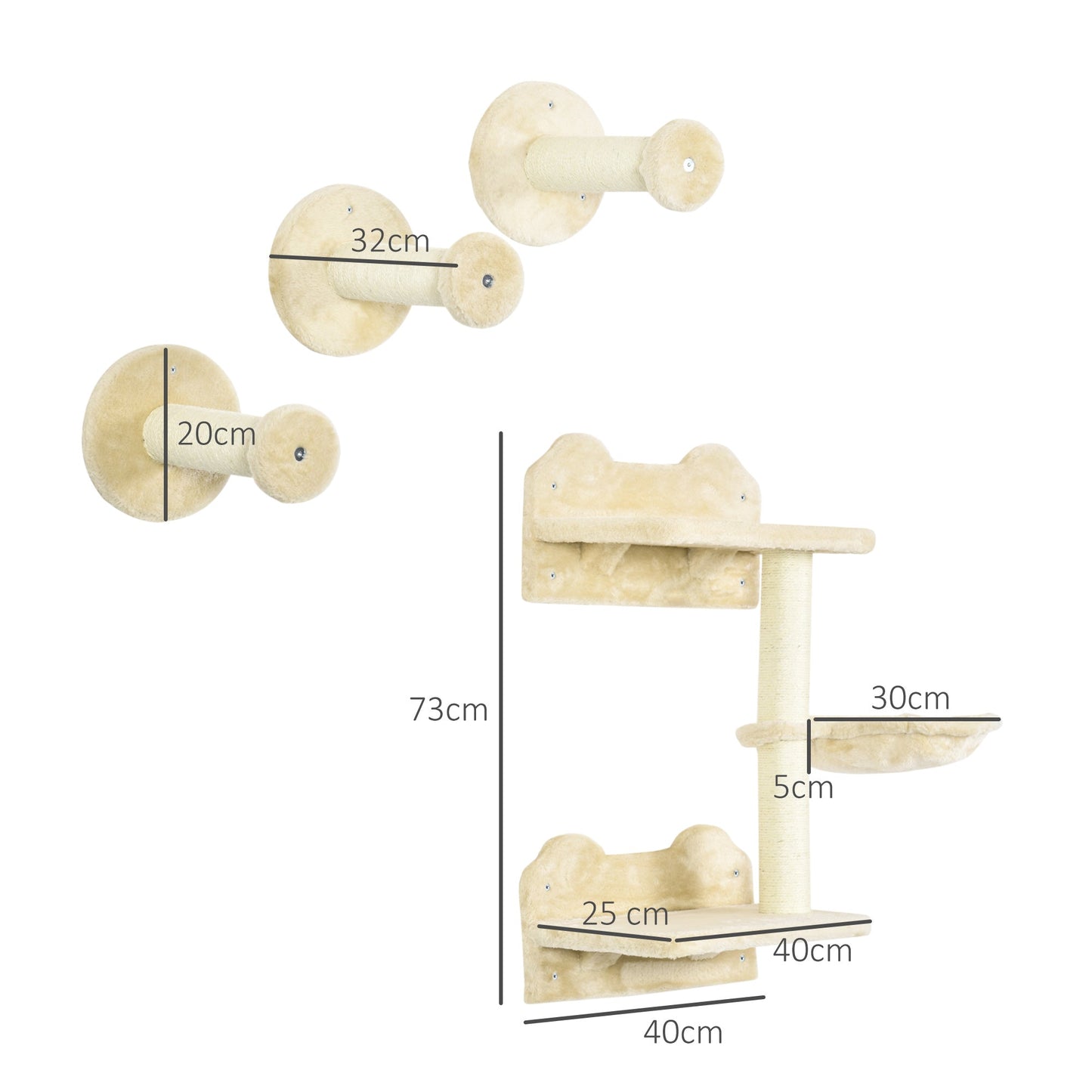 4 Piece Cat Shelves Cat Wall Furniture Wall-Mounted Cat Tree for Indoor Cat w/ Hammock, Steps, Platforms, Scratching Post - Beige