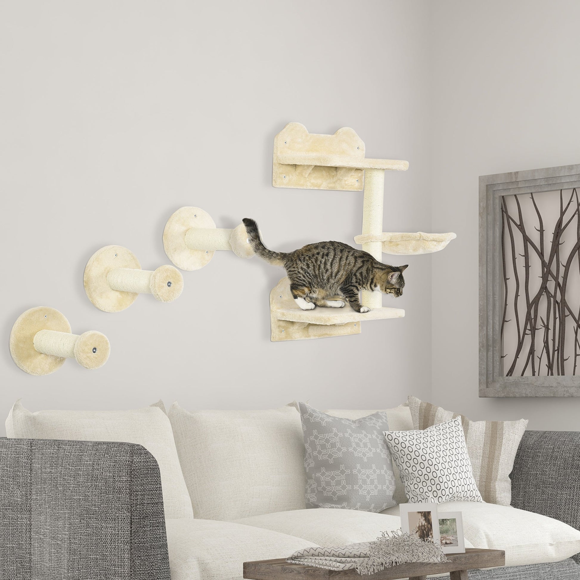 4 Piece Cat Shelves Cat Wall Furniture Wall-Mounted Cat Tree for Indoor Cat w/ Hammock, Steps, Platforms, Scratching Post - Beige