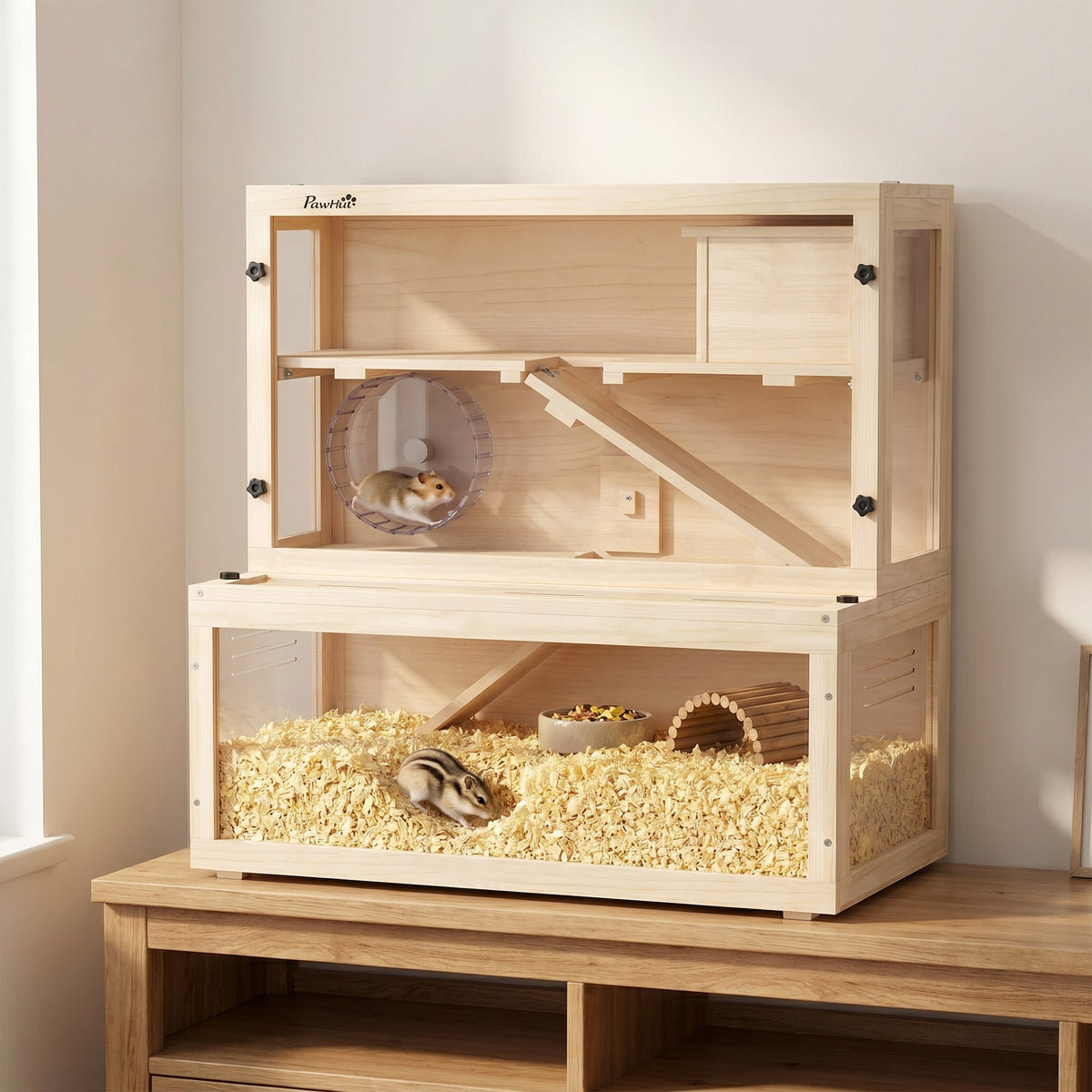 Wooden Hamster Cage, Large Gerbil Cage with Hut, Wheel, Ramps, 3 Tier Small Animal Habitat with Removable Viewing Panels, 80 x 50 x 84 cm, Natural