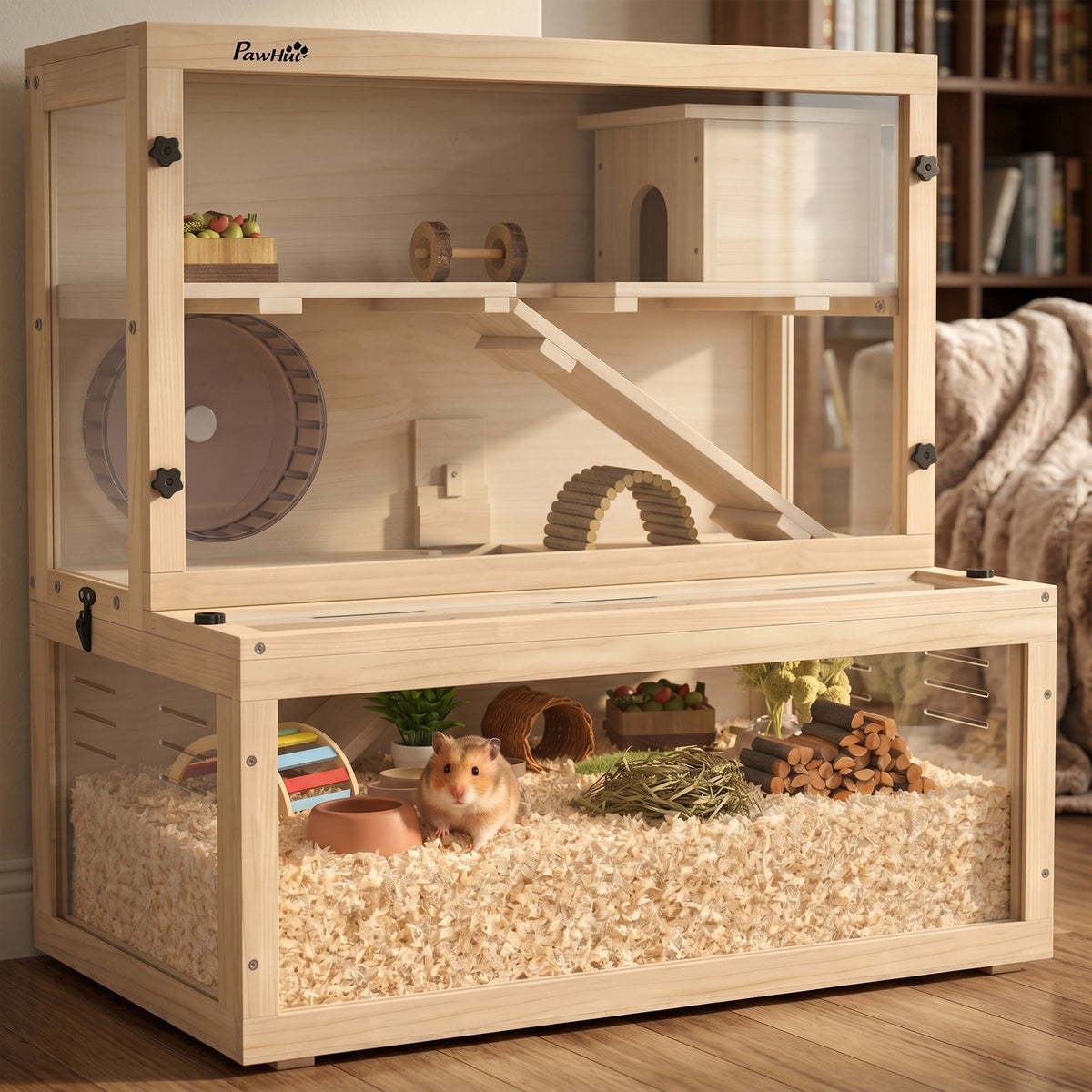 Wooden Hamster Cage, Large Gerbil Cage with Hut, Wheel, Ramps, 3 Tier Small Animal Habitat with Removable Viewing Panels, 80 x 50 x 84 cm, Natural