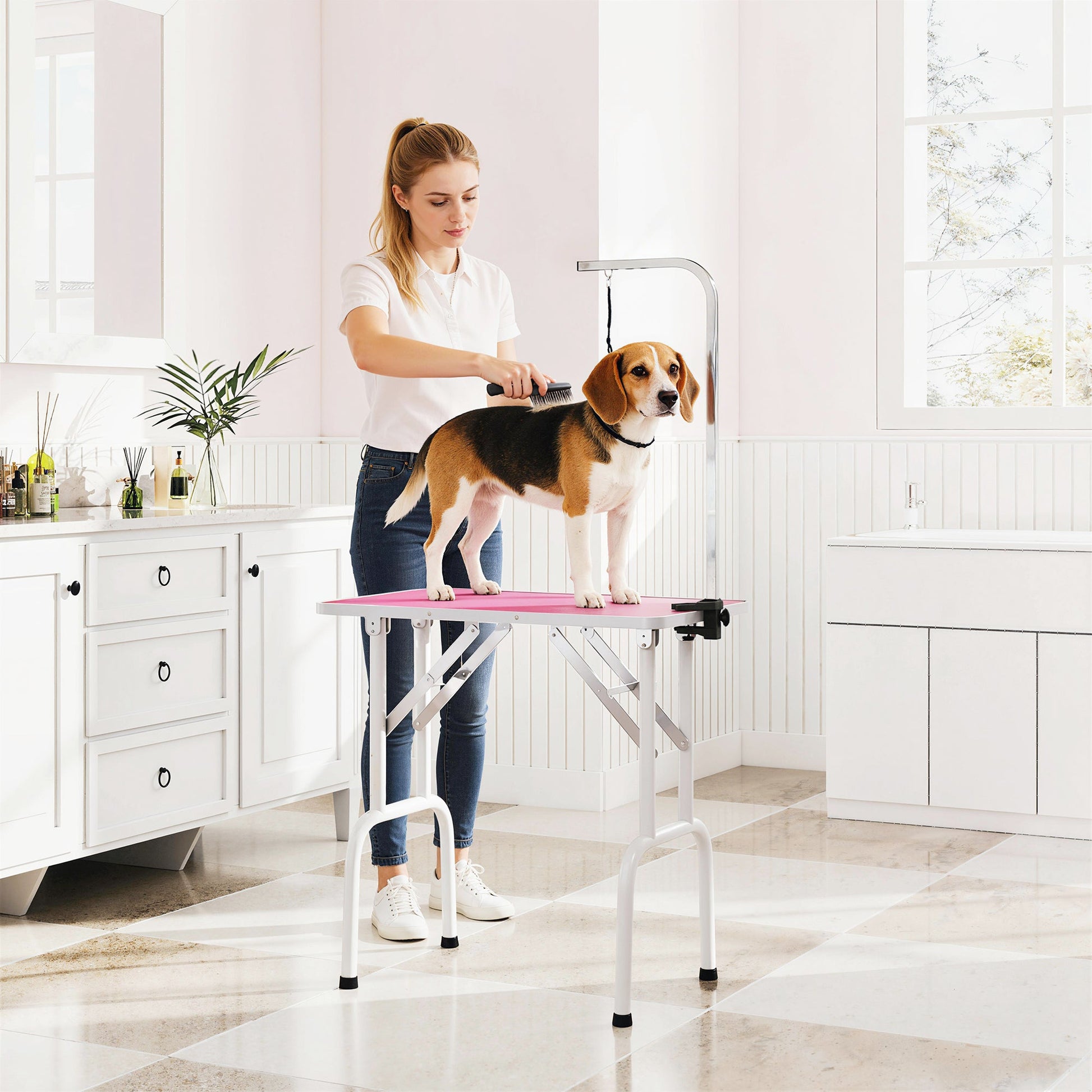 Foldable Dog Grooming Table, 32" Portable Pet Grooming Table with Height Adjustable Arm and Anti-Slip Rubber Top for Small Medium Dogs and Cats, Pink