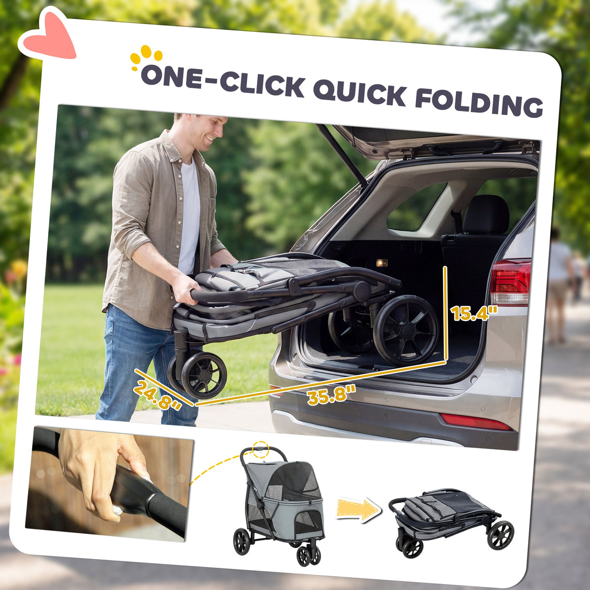 Dog Stroller, 3 Wheels Pet Stroller with Dual Entry, Easy One-Click Quick Fold, Mesh Windows, Washable Cushion, Pet Travel Buggy for Small and Medium Dogs and Cats, Grey
