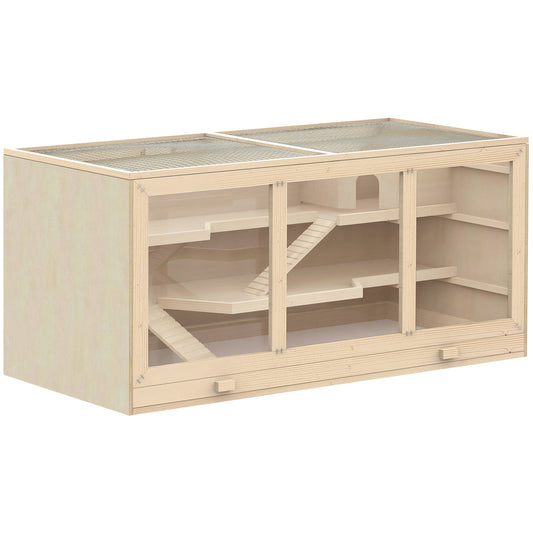 Wooden Hamster Cage, Small Animals Hutch with Tray, Openable Top, Exercise Run, Natural