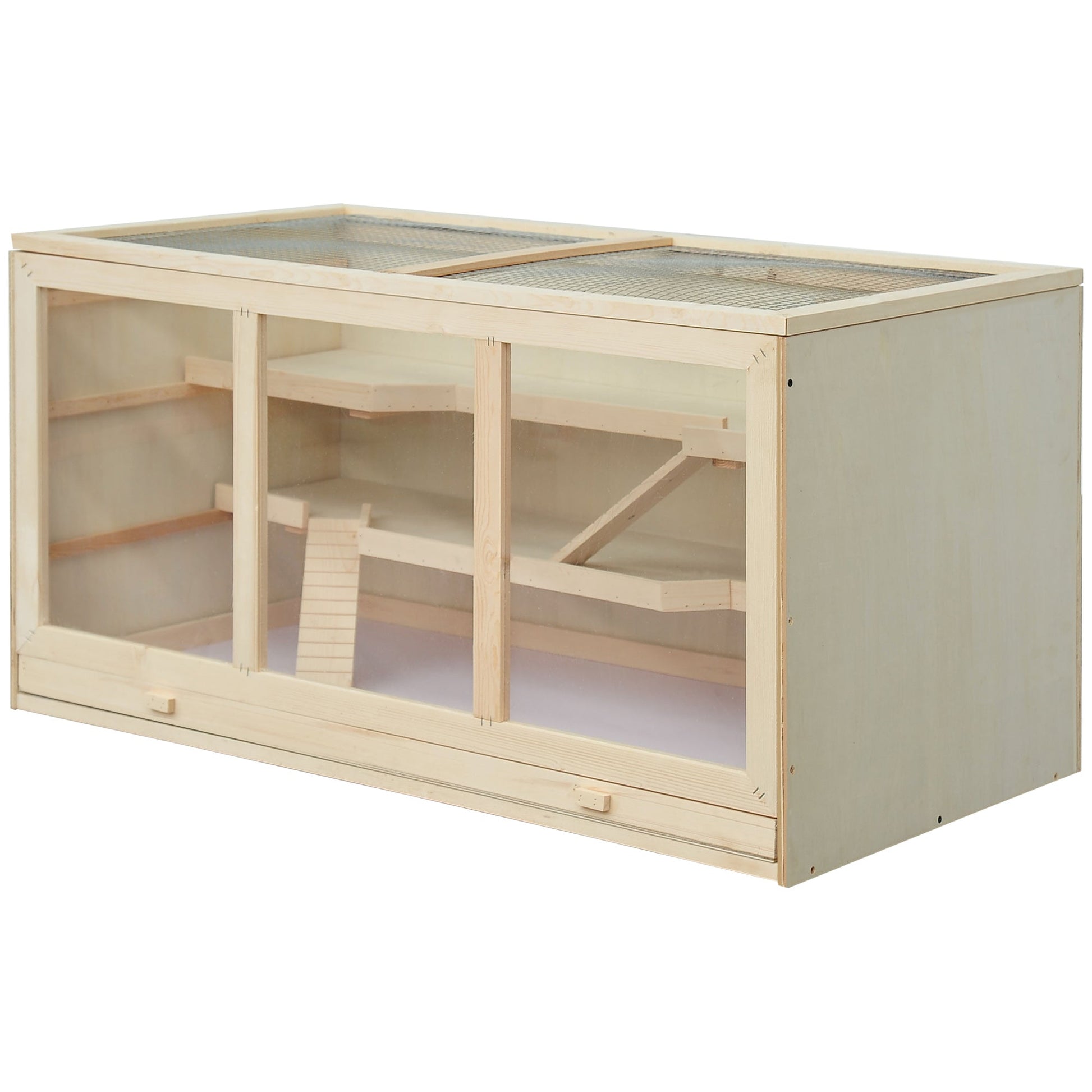 Wooden Hamster Cage, Small Animals Hutch with Tray, Openable Top, Exercise Run, Natural
