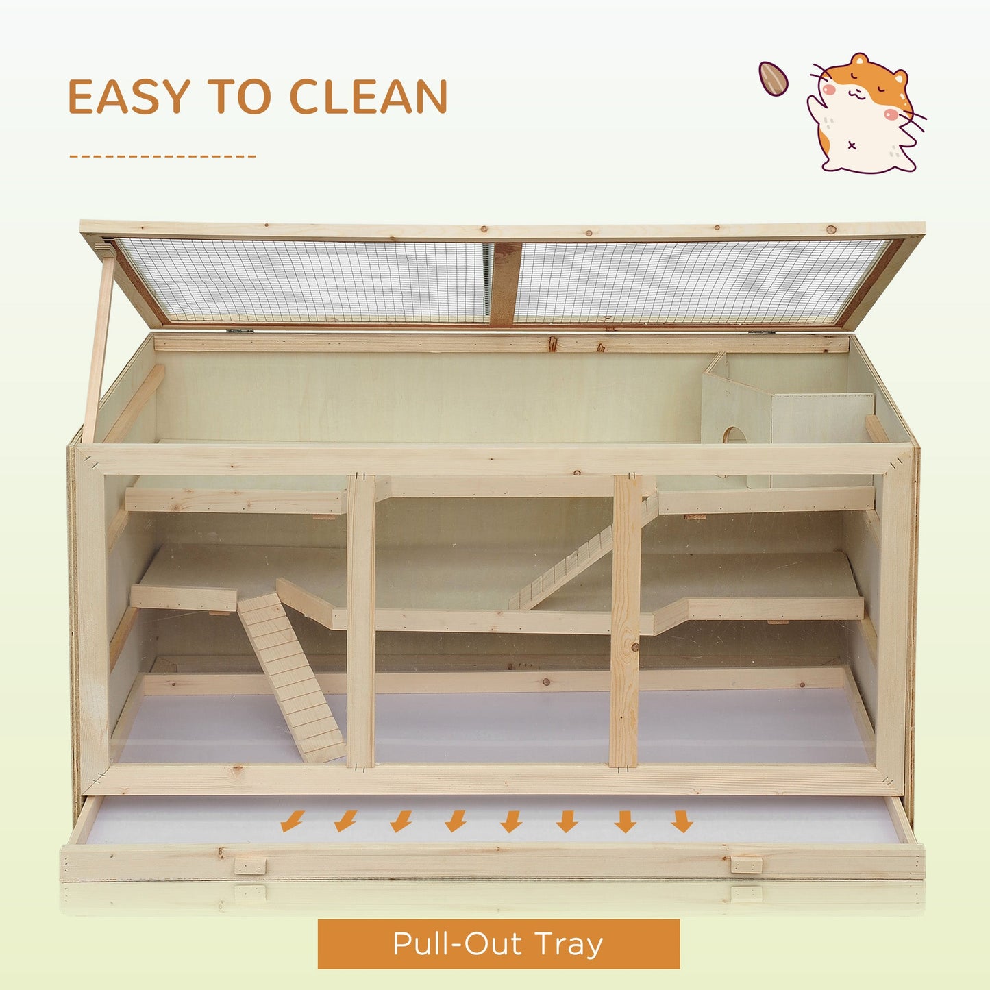 Wooden Hamster Cage, Small Animals Hutch with Tray, Openable Top, Exercise Run, Natural