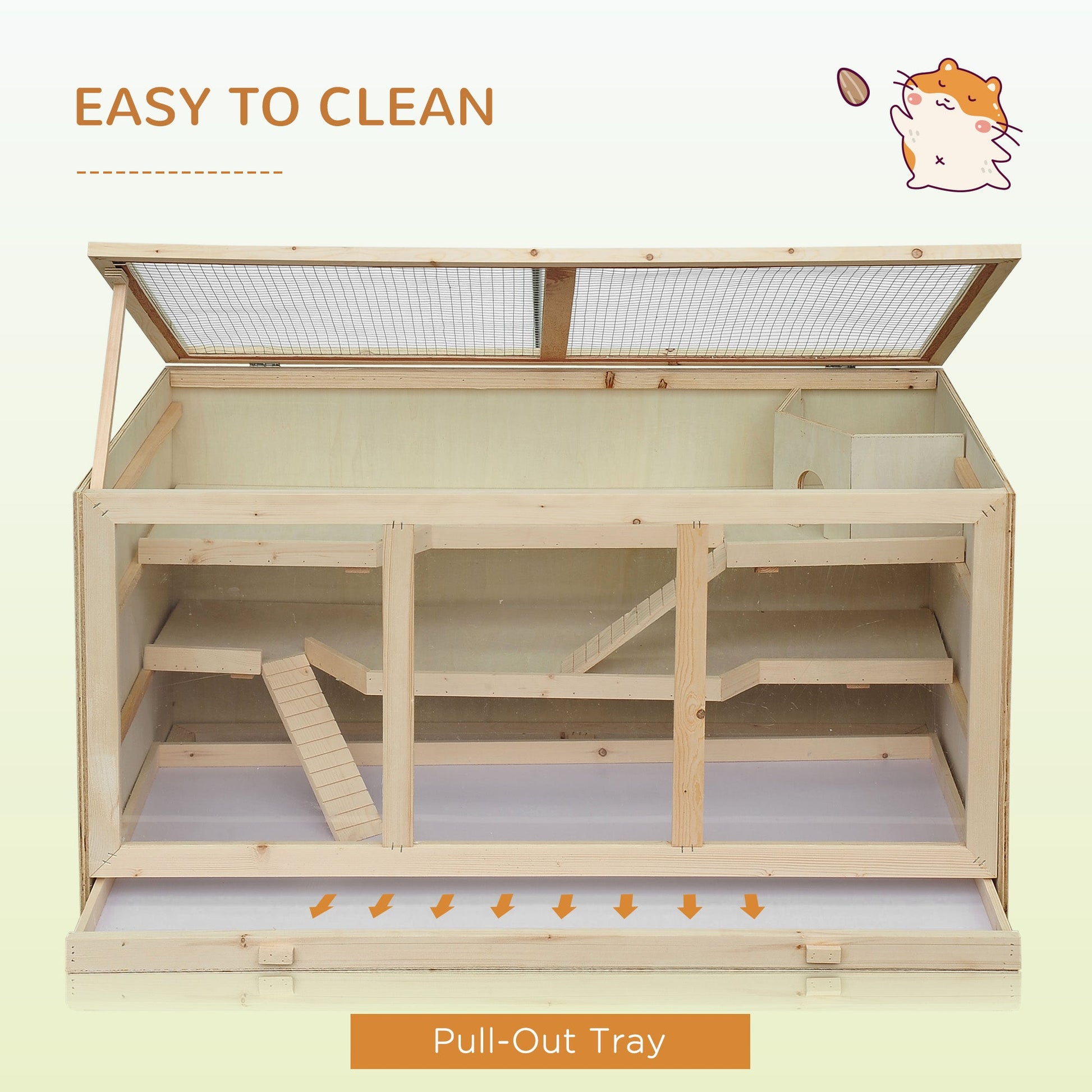 Wooden Hamster Cage, Small Animals Hutch with Tray, Openable Top, Exercise Run, Natural