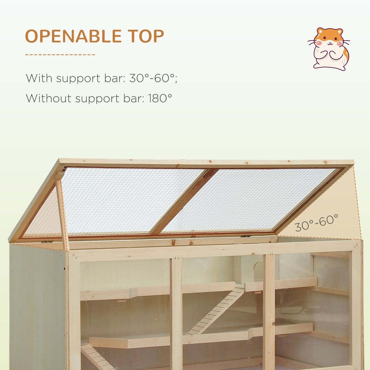 Wooden Hamster Cage, Small Animals Hutch with Tray, Openable Top, Exercise Run, Natural
