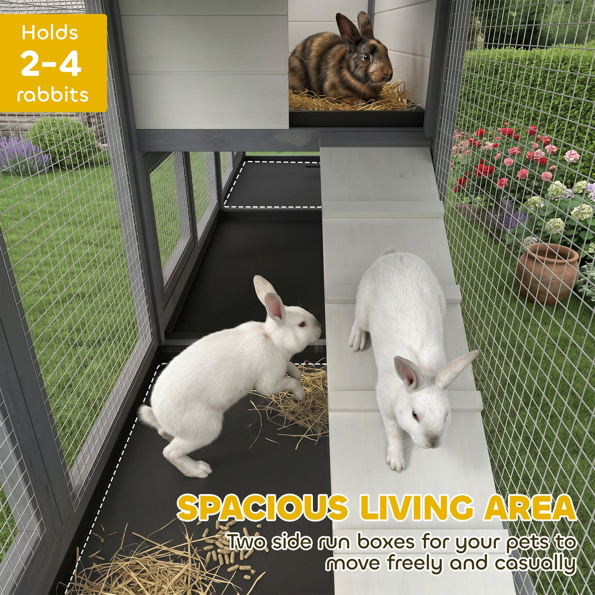 Large Rabbit Hutch, 2-Tier Wooden Guinea Pig Hutch with Double Side Run Boxes, Outdoor Bunny Cage Hide House with Waterproof Roof, Sliding Tray, Ramp, 230 x 53 x 93.5cm, Light Grey
